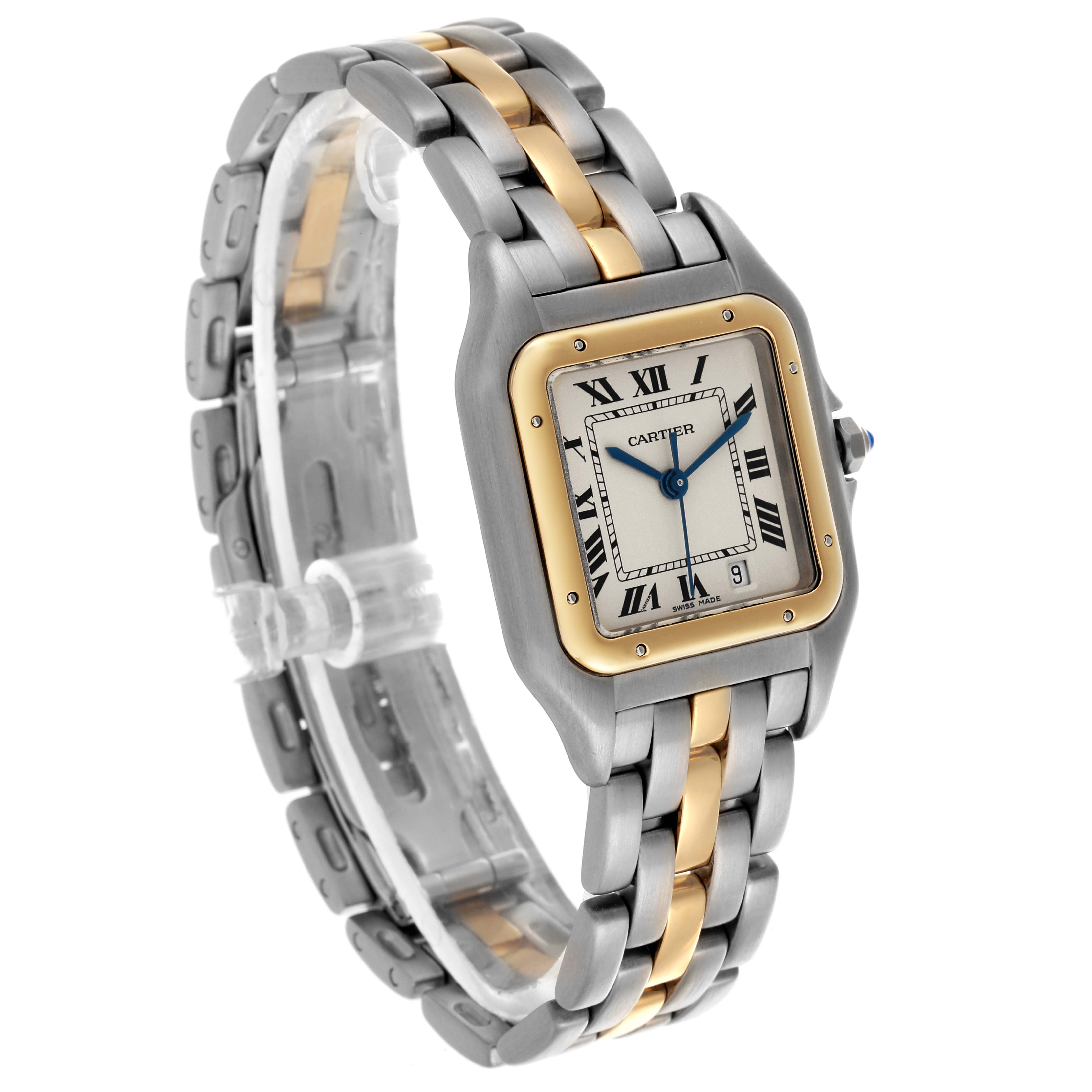 The Cartier Panthere W25028B5 Women's Steel and Gold (two tone) Silver Dial W25028B5 Women's Steel and Gold (two tone) Silver Dial watch is shown at an angled side view, displaying the face, bezel, and two-tone bracelet.