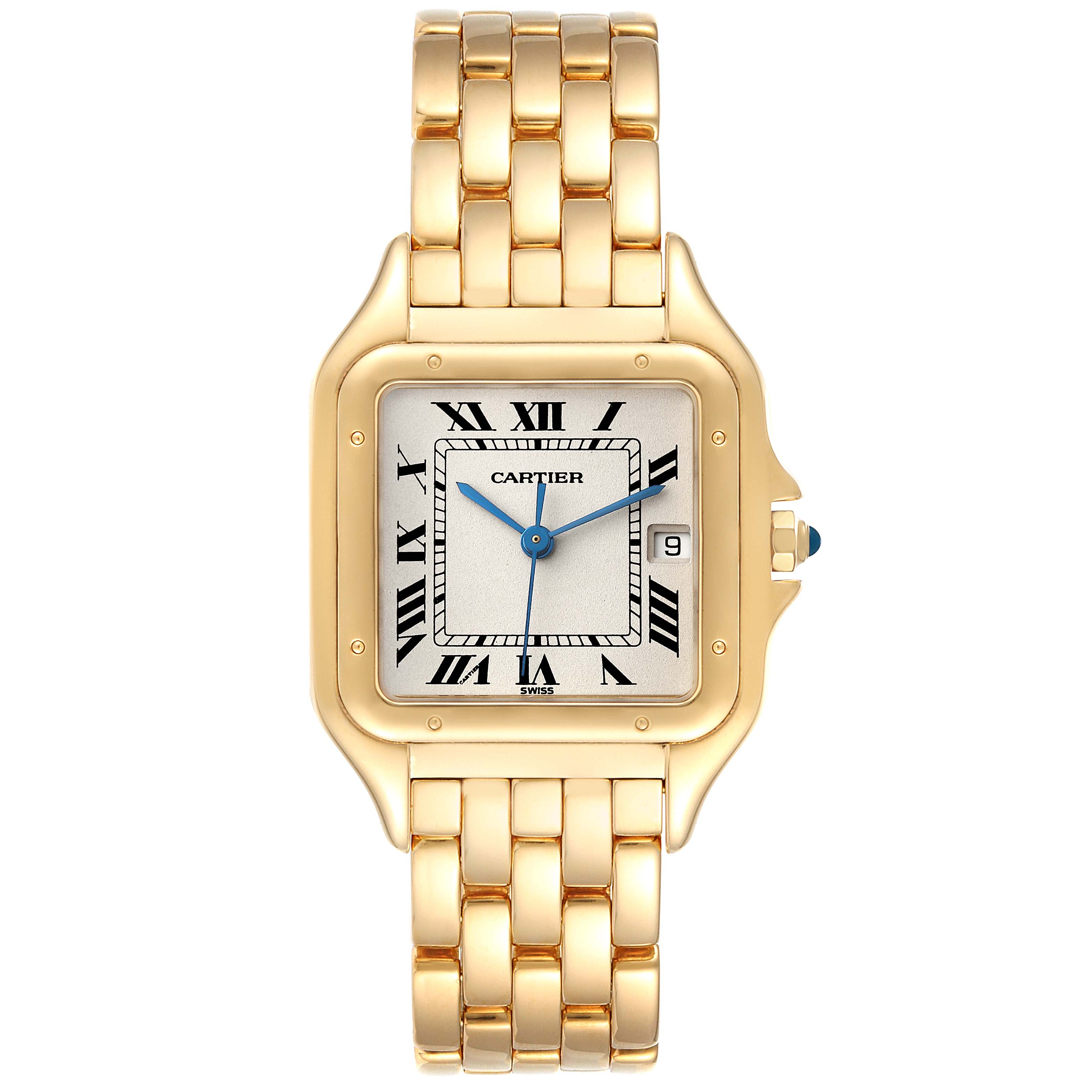 This is a front view of a Cartier Panthere W25014B9 Men
s Yellow Gold Silver Dial W25014B9 Men
s Yellow Gold Silver Dial watch, showing the face, case, and bracelet band.