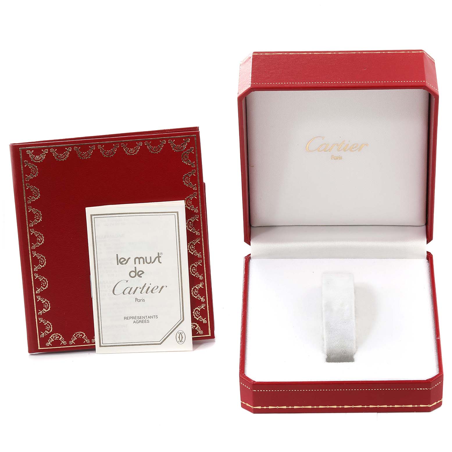 The image shows the red box and manual for a Cartier Panthere W25014B9 Men
s Yellow Gold Silver Dial W25014B9 Men
s Yellow Gold Silver Dial watch, with the box open and empty.