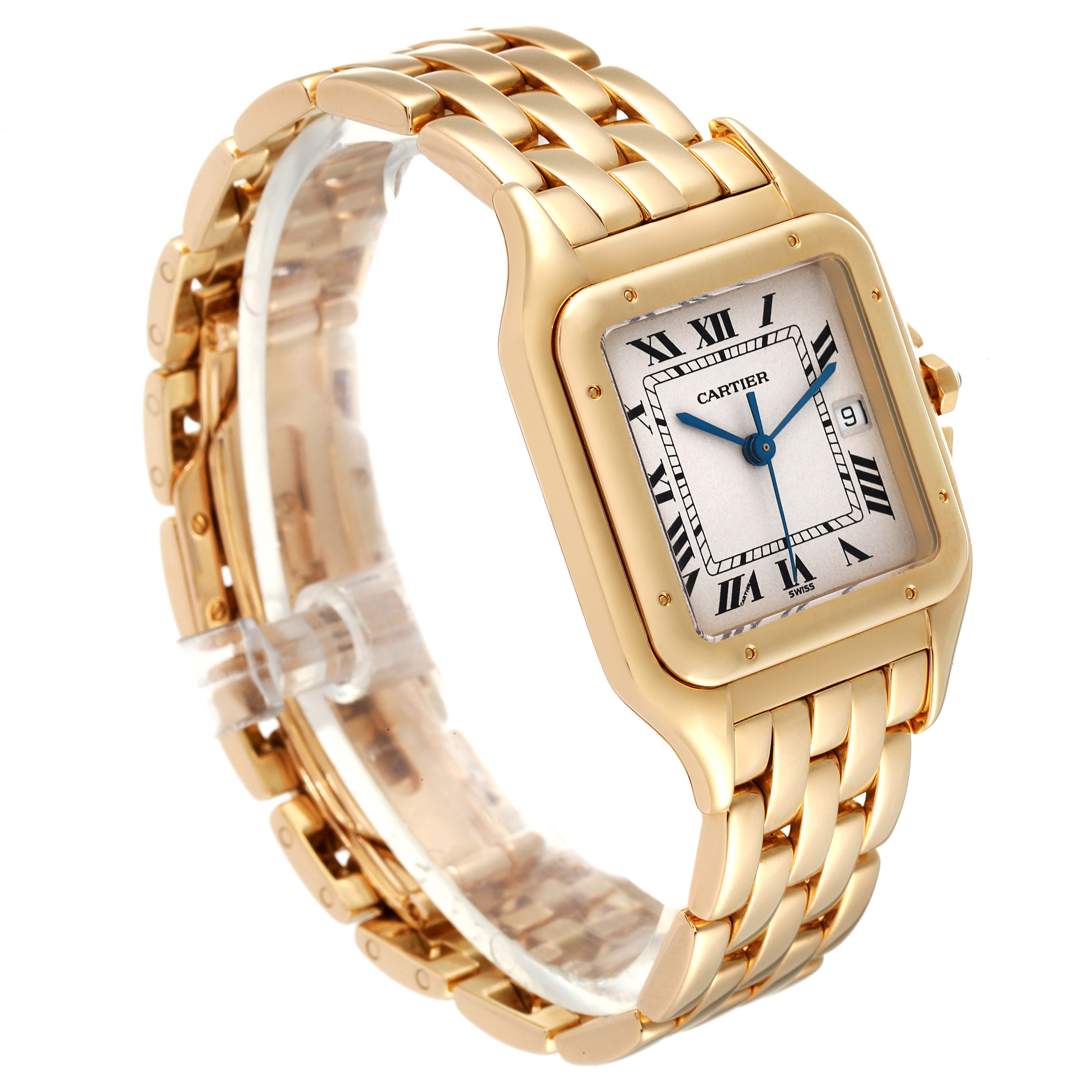 The Cartier Panthere W25014B9 Men
s Yellow Gold Silver Dial W25014B9 Men
s Yellow Gold Silver Dial watch is shown from a three-quarter top angle, highlighting its gold bracelet, square face, and Roman numeral dial.