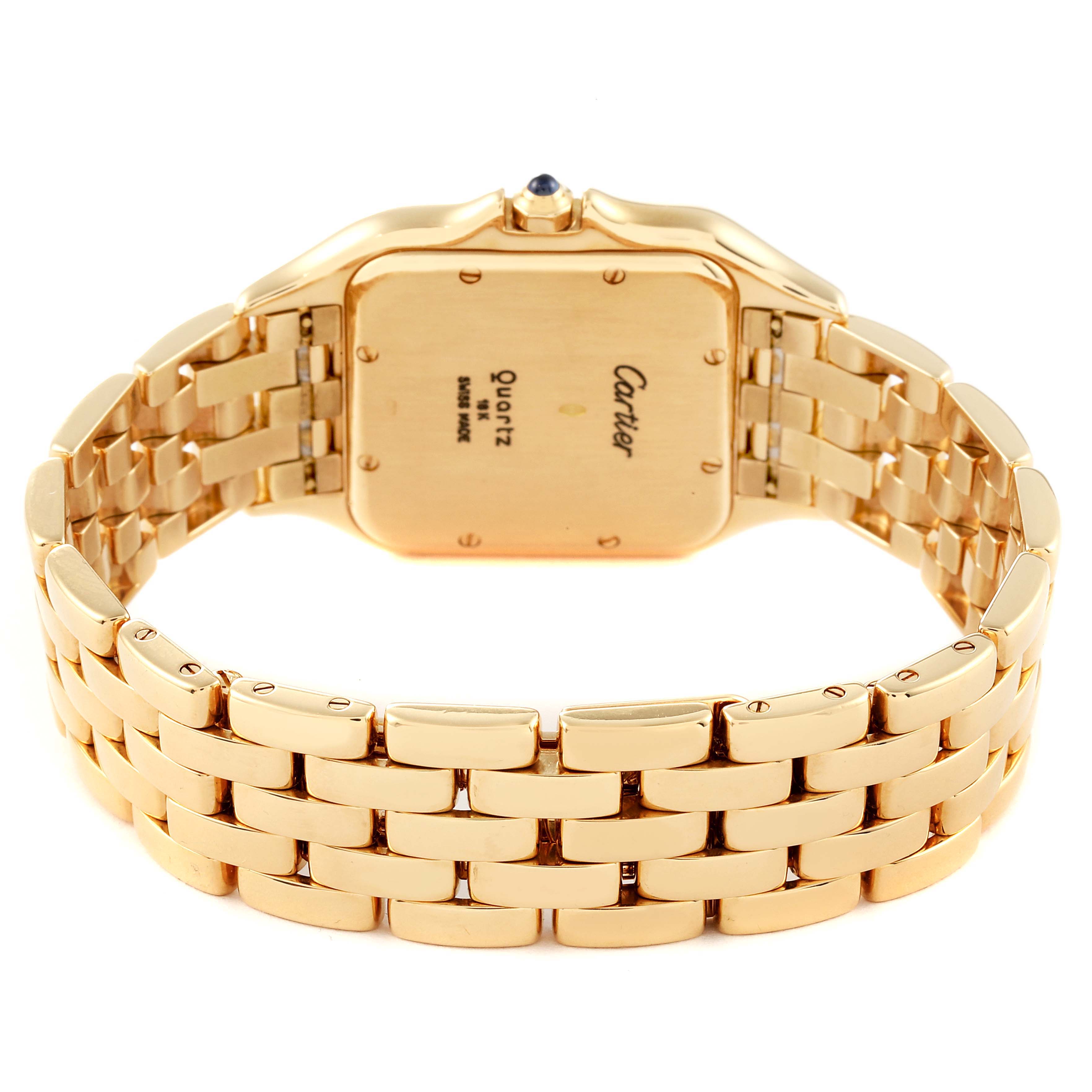 This image shows the back of a Cartier Panthere W25014B9 Men
s Yellow Gold Silver Dial W25014B9 Men
s Yellow Gold Silver Dial watch, highlighting its gold bracelet and case back.