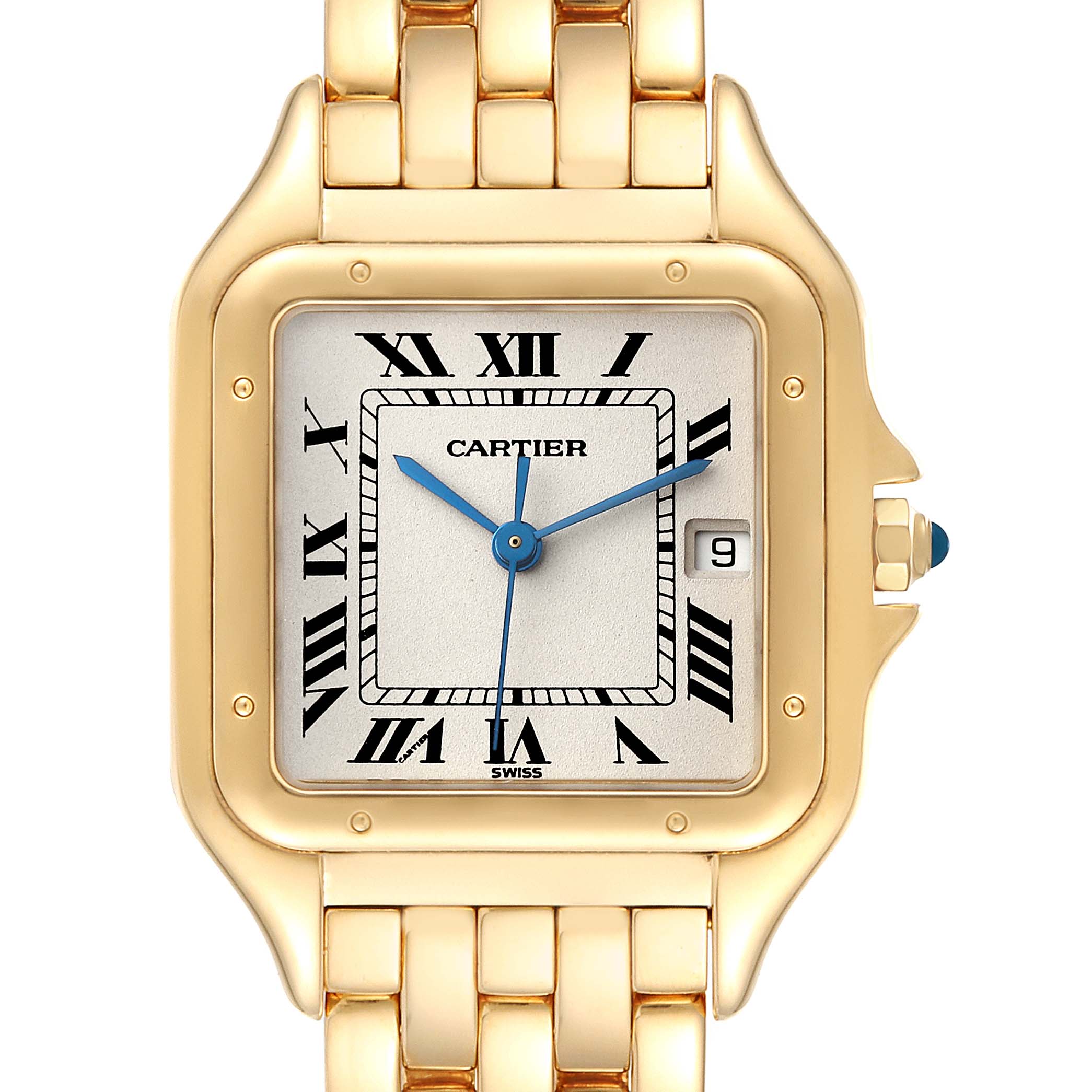 This image shows a close-up view of the face and part of the bracelet of a Cartier Panthere W25014B9 Men
s Yellow Gold Silver Dial W25014B9 Men
s Yellow Gold Silver Dial watch, highlighting its gold case and Roman numeral markers.