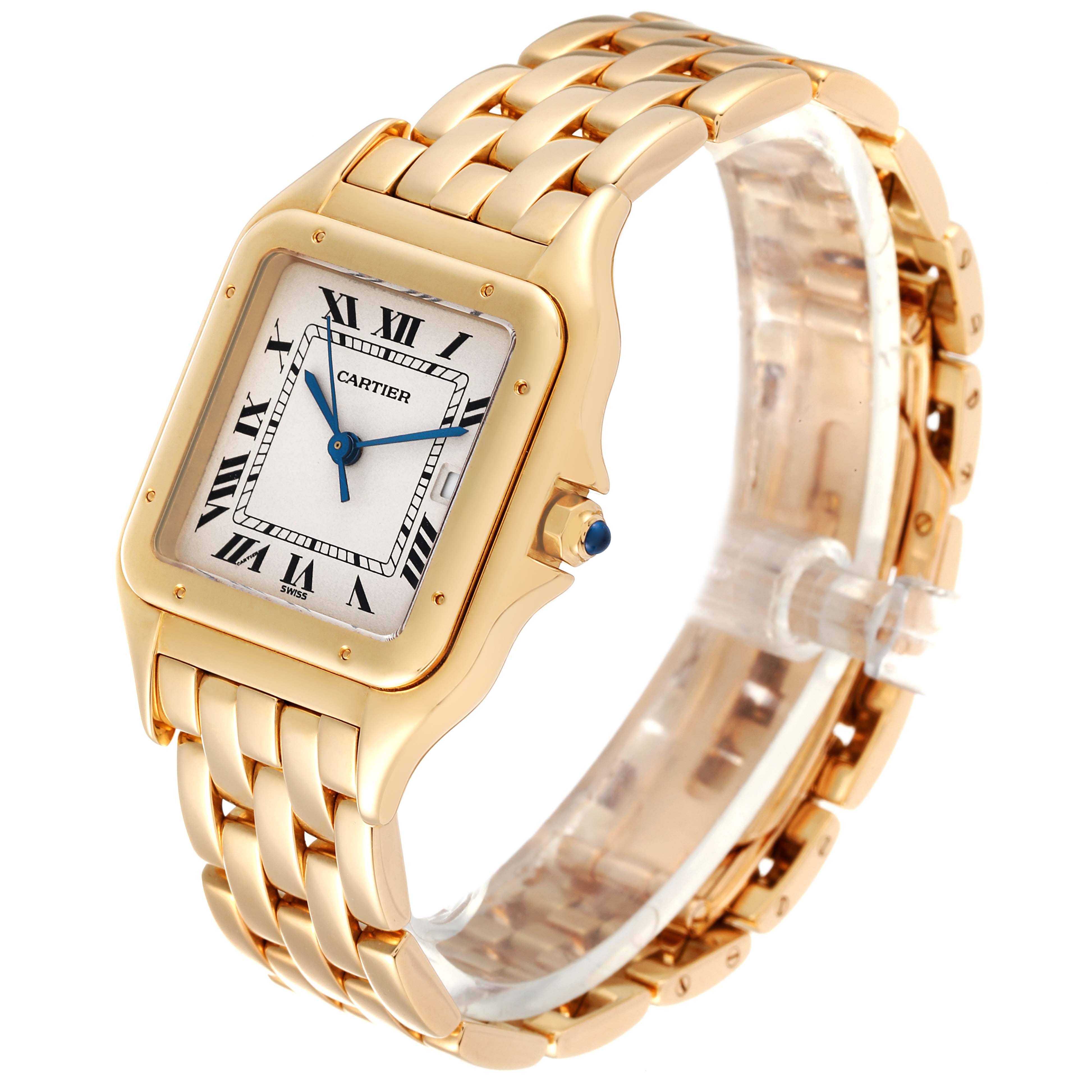 The image displays a side angle of the Cartier Panthere W25014B9 Men
s Yellow Gold Silver Dial W25014B9 Men
s Yellow Gold Silver Dial watch, showcasing its gold band and square face with Roman numerals.