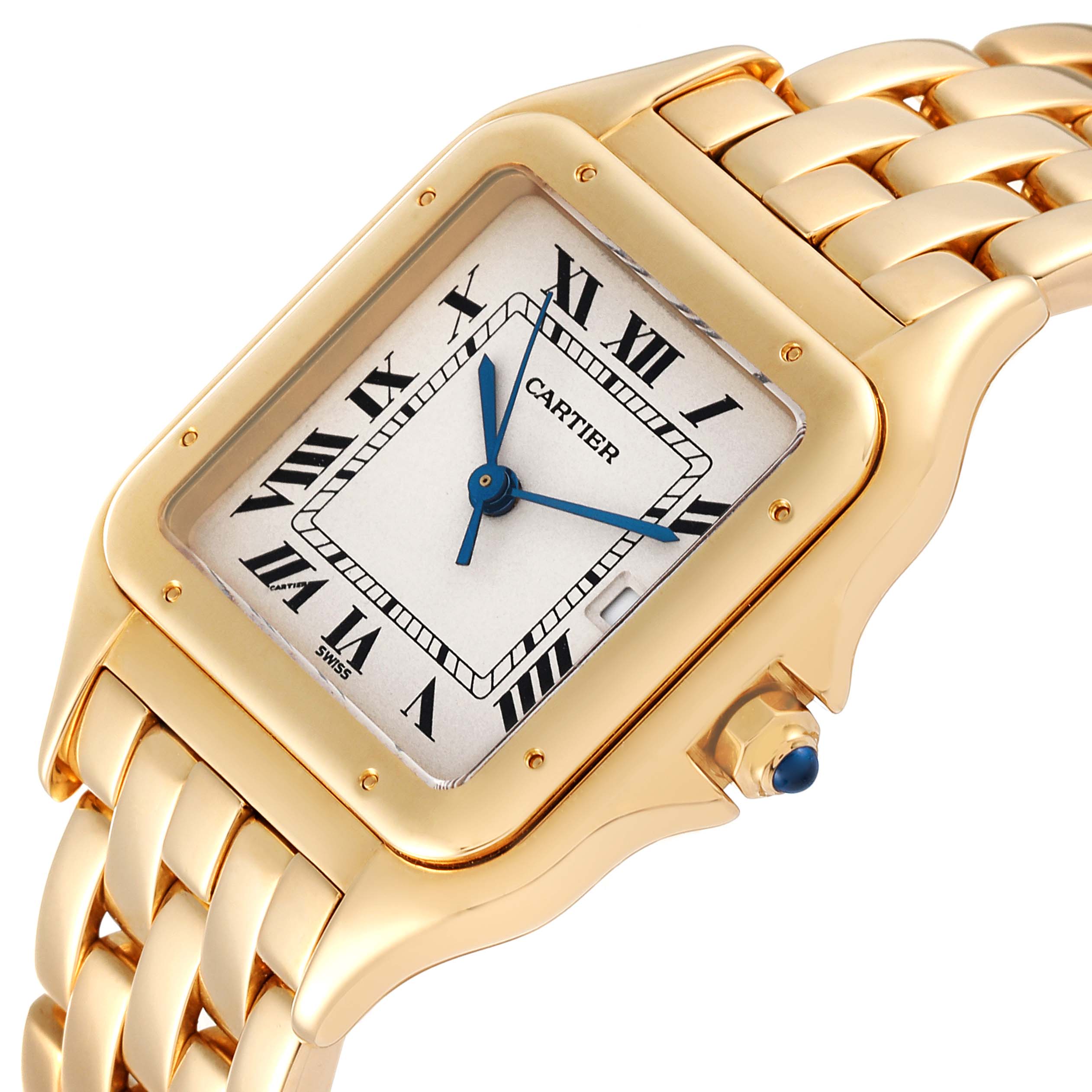 The image shows a close-up view of the Cartier Panthere W25014B9 Men
s Yellow Gold Silver Dial W25014B9 Men
s Yellow Gold Silver Dial watch from a three-quarter angle, highlighting the face, bezel, and part of the bracelet.