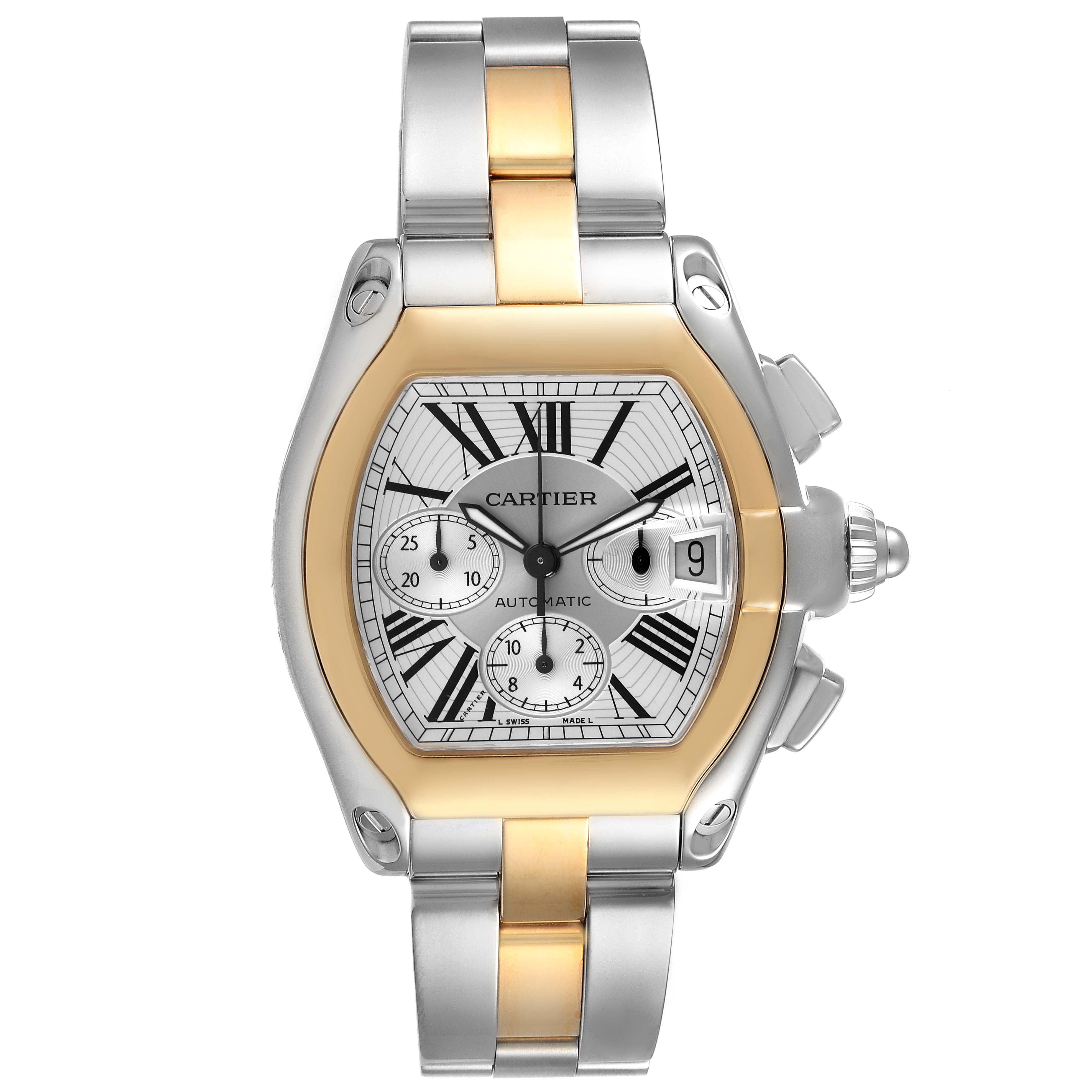 The Cartier Roadster W62027Z1 Men's Steel and Gold (two tone) Silver Dial W62027Z1 Men's Steel and Gold (two tone) Silver Dial watch is shown from a top-down angle, highlighting the face, bezel, and bracelet.