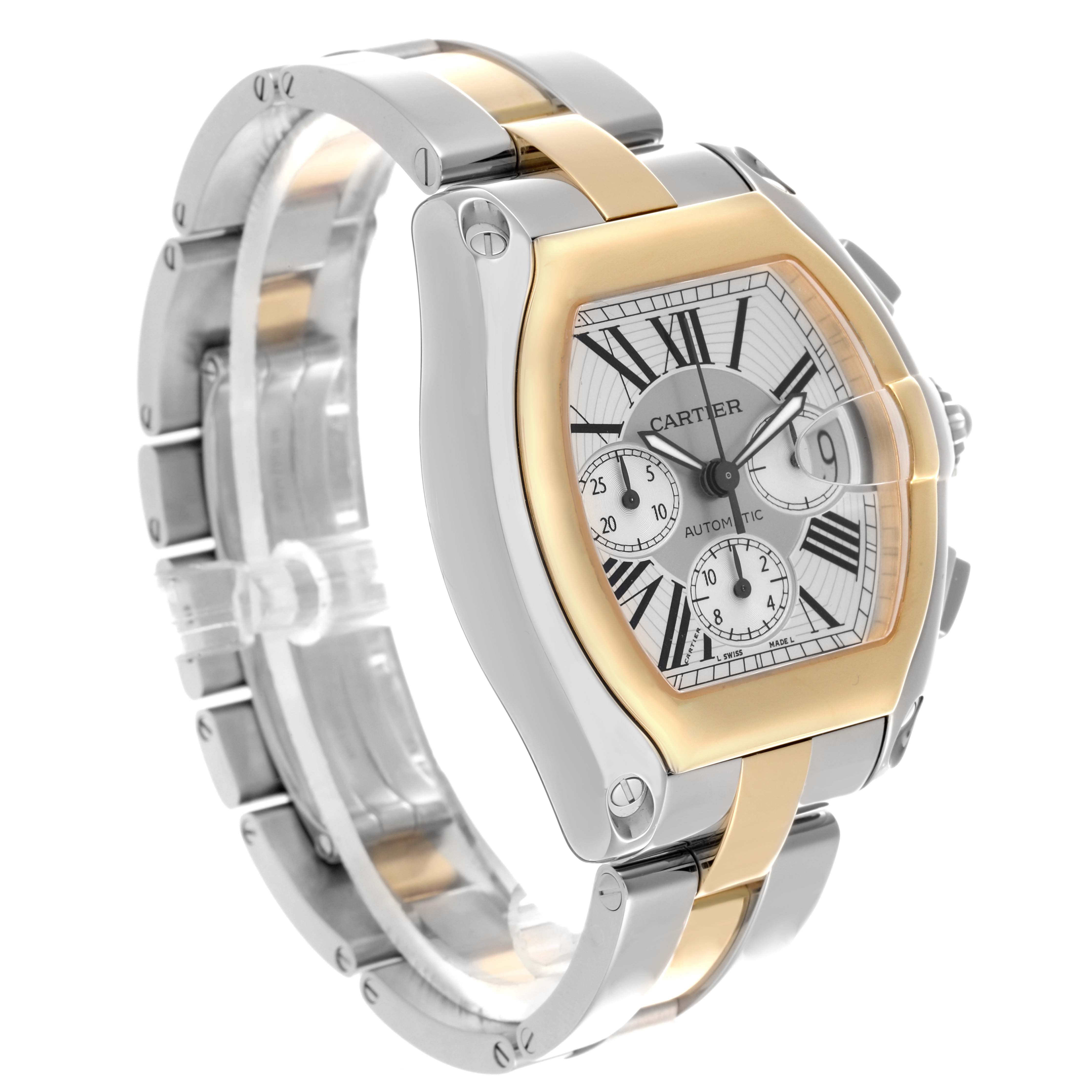 The Cartier Roadster W62027Z1 Men's Steel and Gold (two tone) Silver Dial W62027Z1 Men's Steel and Gold (two tone) Silver Dial watch is shown from a front-side angle, highlighting the case, dial, and link bracelet.