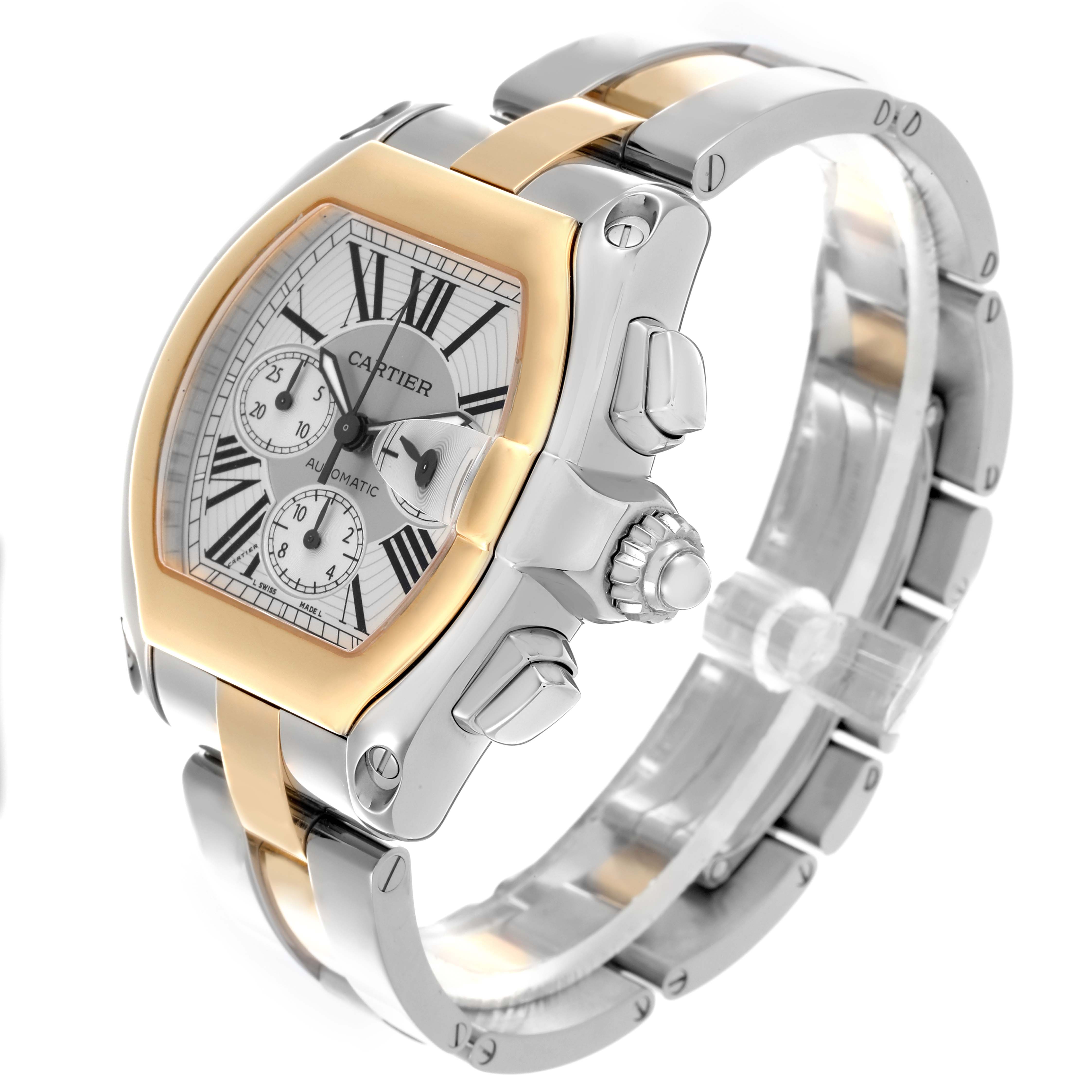 The Cartier Roadster W62027Z1 Men's Steel and Gold (two tone) Silver Dial W62027Z1 Men's Steel and Gold (two tone) Silver Dial watch is shown at a side angle, displaying the case, dial, and part of the bracelet.