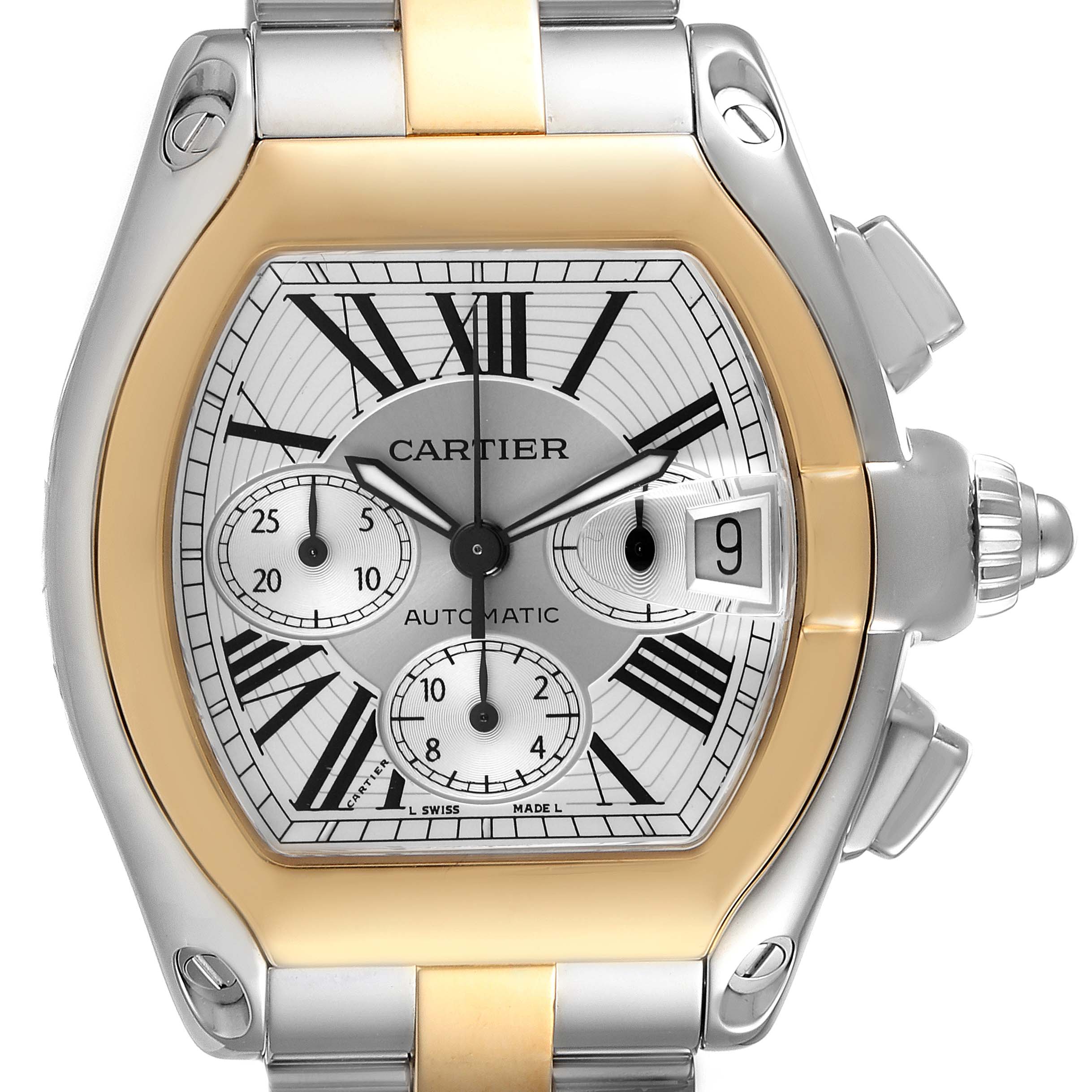The Cartier Roadster W62027Z1 Men's Steel and Gold (two tone) Silver Dial W62027Z1 Men's Steel and Gold (two tone) Silver Dial watch is shown from the front, highlighting its face, bezel, and side pushers.