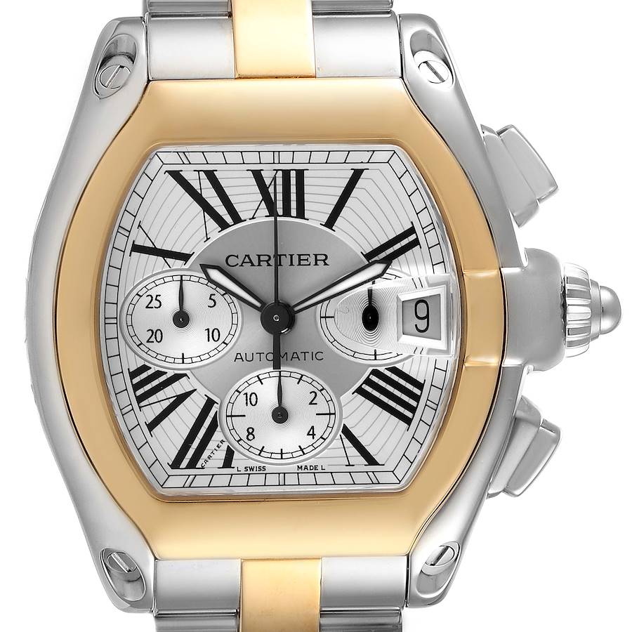 The Cartier Roadster watch is shown from the front, highlighting its face, bezel, and side pushers.