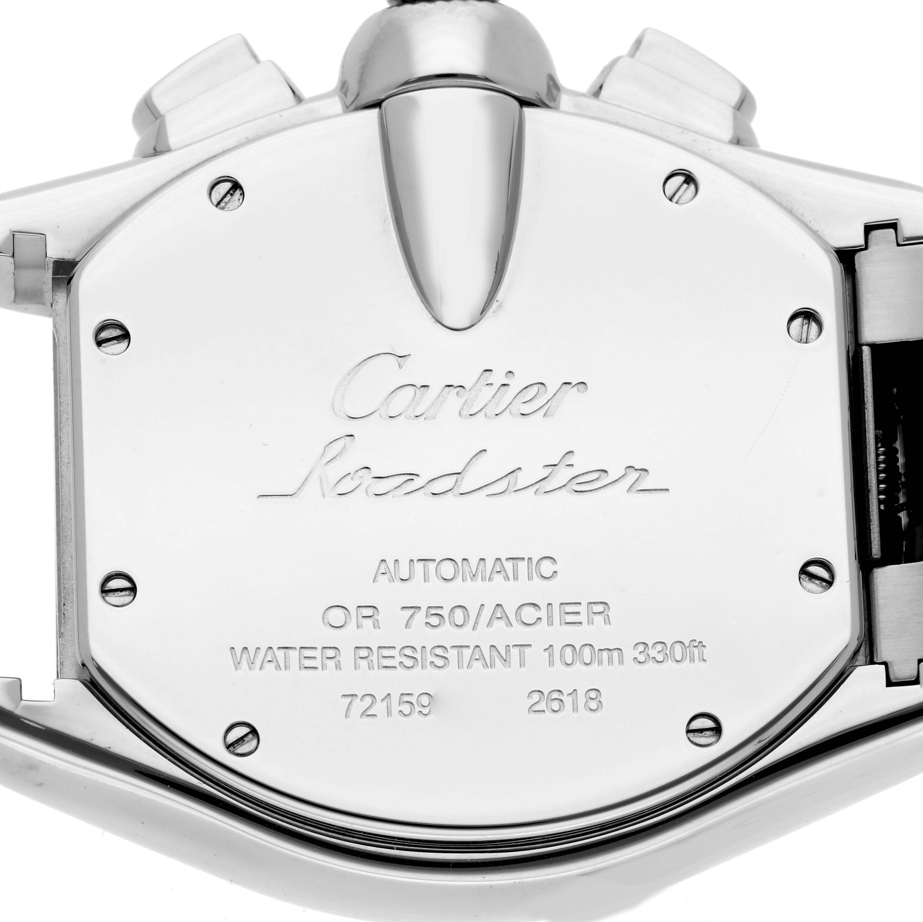The image shows the back of the Cartier Roadster W62027Z1 Men's Steel and Gold (two tone) Silver Dial W62027Z1 Men's Steel and Gold (two tone) Silver Dial watch, highlighting its inscriptions and screws.