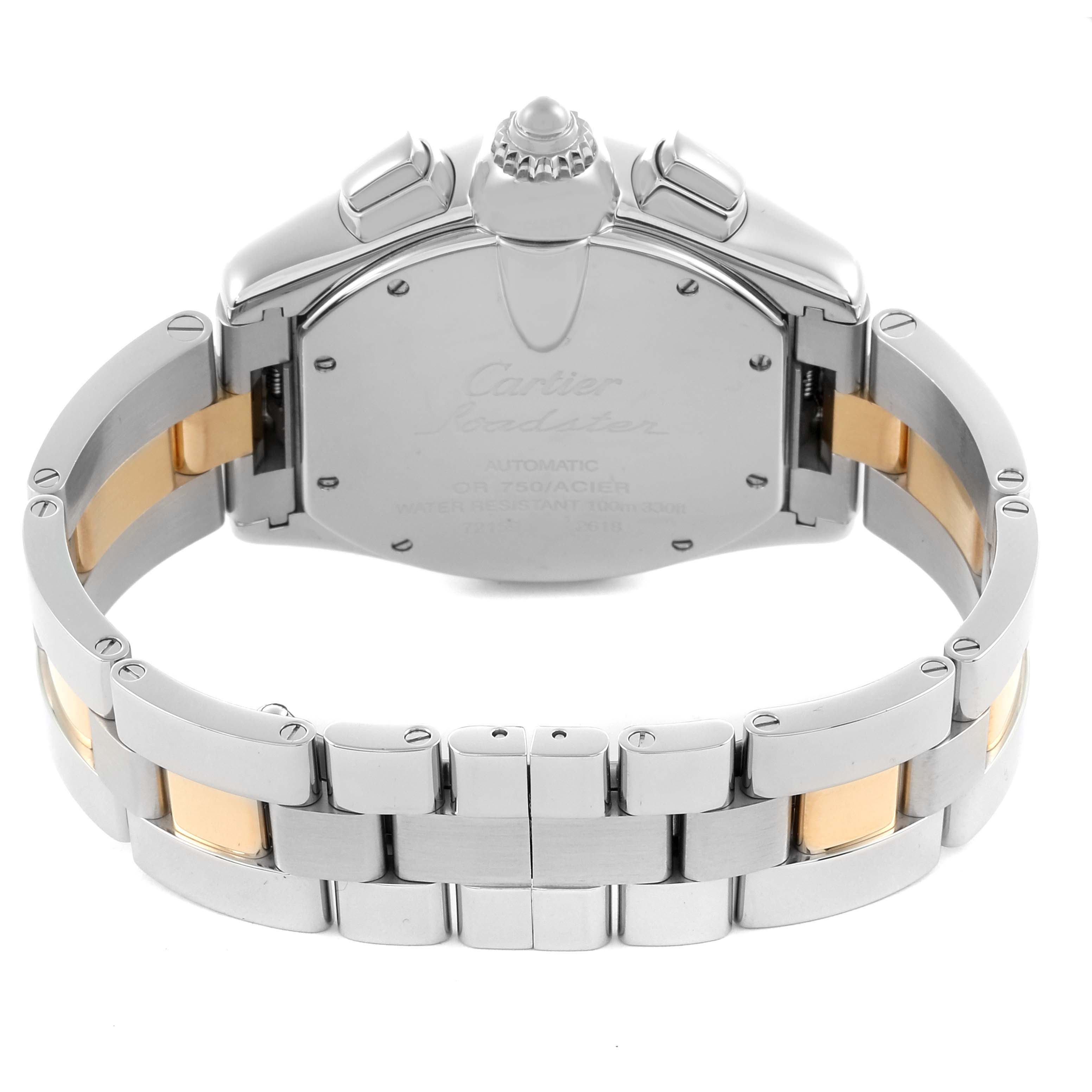 The image shows the back and bracelet of the Cartier Roadster W62027Z1 Men's Steel and Gold (two tone) Silver Dial W62027Z1 Men's Steel and Gold (two tone) Silver Dial watch, highlighting its two-tone metal design.
