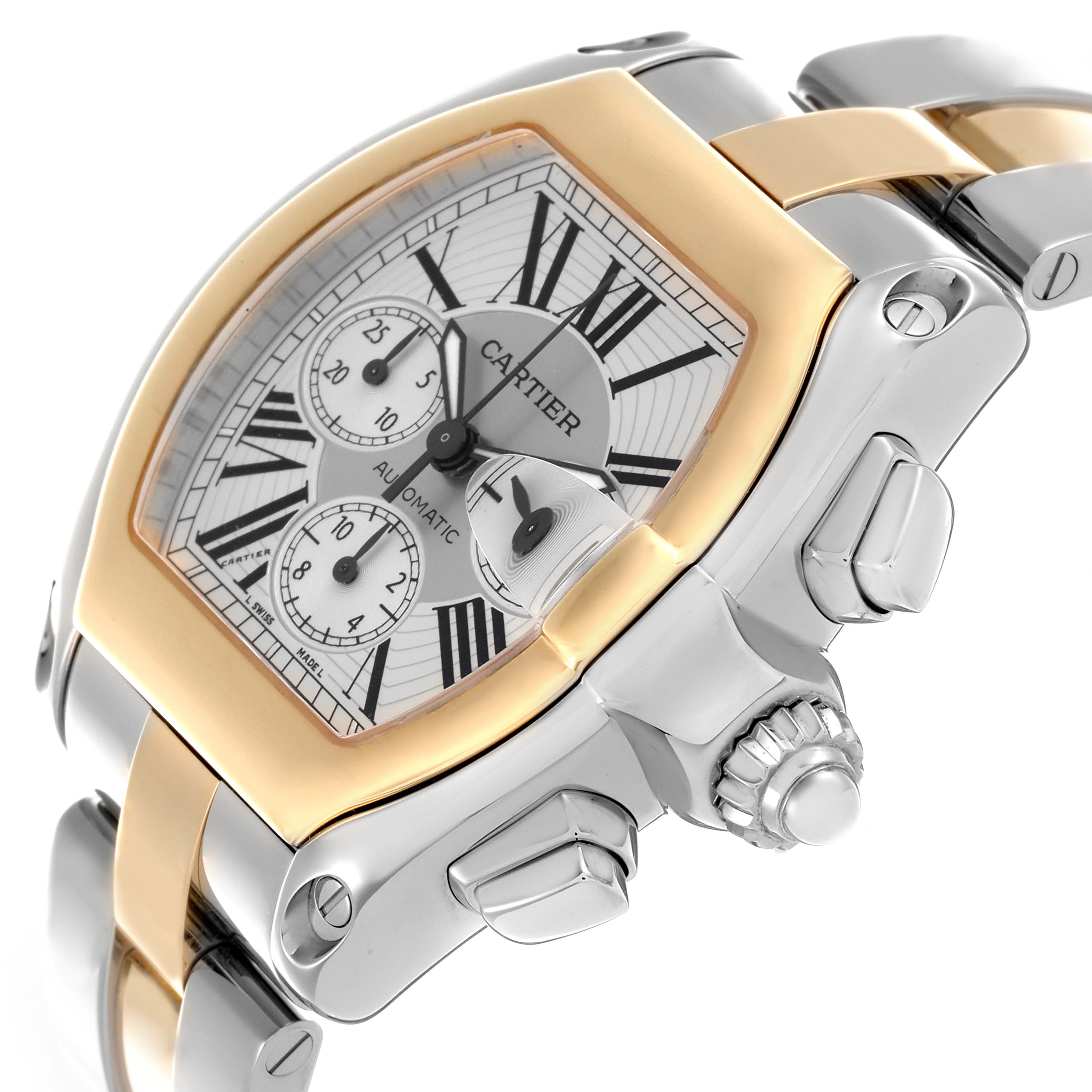 The Cartier Roadster W62027Z1 Men's Steel and Gold (two tone) Silver Dial W62027Z1 Men's Steel and Gold (two tone) Silver Dial watch is shown at an angled close-up, highlighting the bezel, crown, dial, and part of the bracelet.