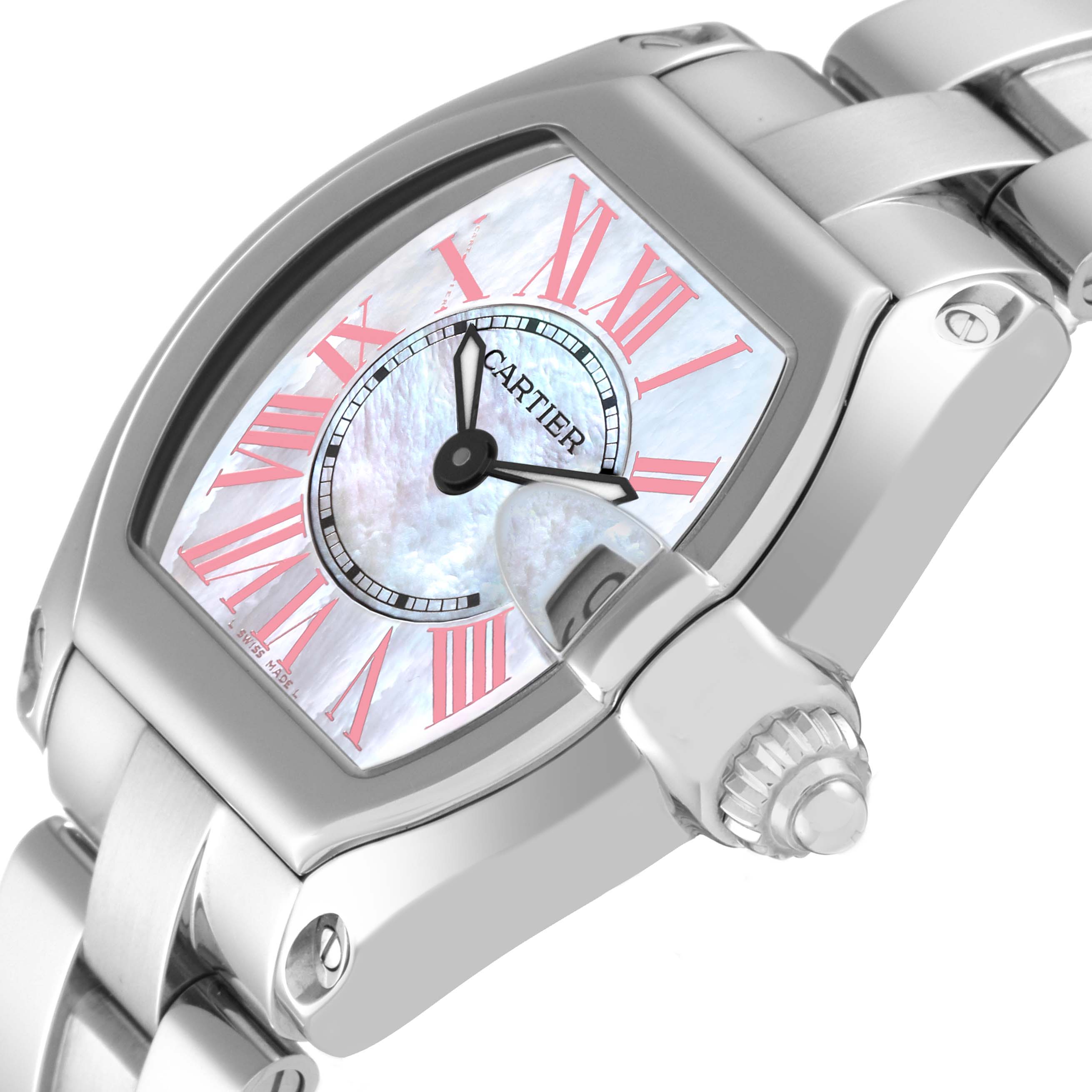 The image shows a close-up side angle of the Cartier Roadster W6206006 Women's Stainless Steel Mother of Pearl Dial W6206006 Women's Stainless Steel Mother of Pearl Dial watch, focusing on the dial and crown.
