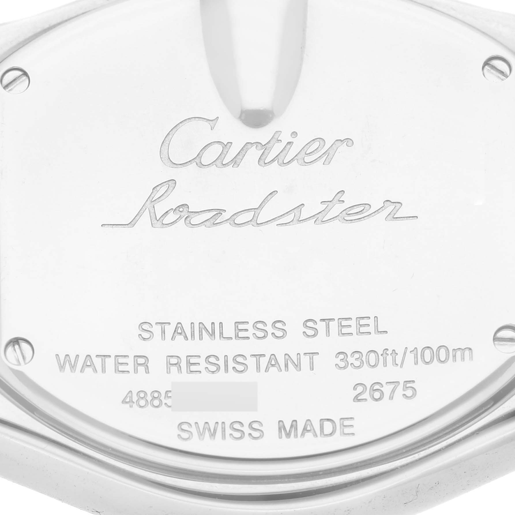 This image shows the back case of a Cartier Roadster W6206006 Women's Stainless Steel Mother of Pearl Dial W6206006 Women's Stainless Steel Mother of Pearl Dial watch, displaying branding and specifications.