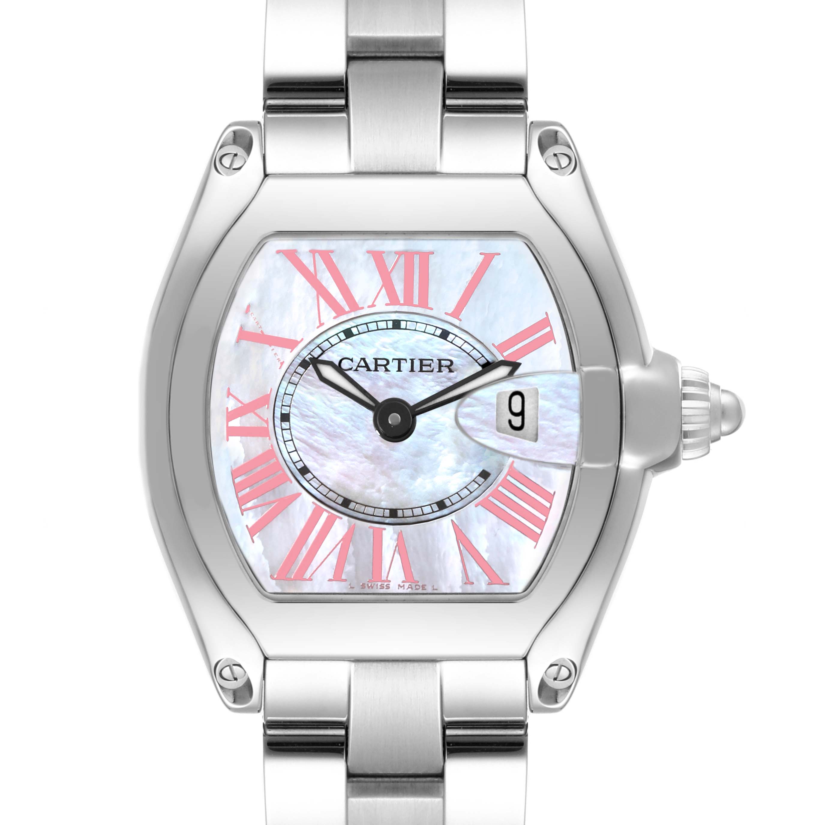 This image shows a front view of the Cartier Roadster W6206006 Women's Stainless Steel Mother of Pearl Dial W6206006 Women's Stainless Steel Mother of Pearl Dial watch, highlighting its face, bezel, crown, and part of the bracelet.