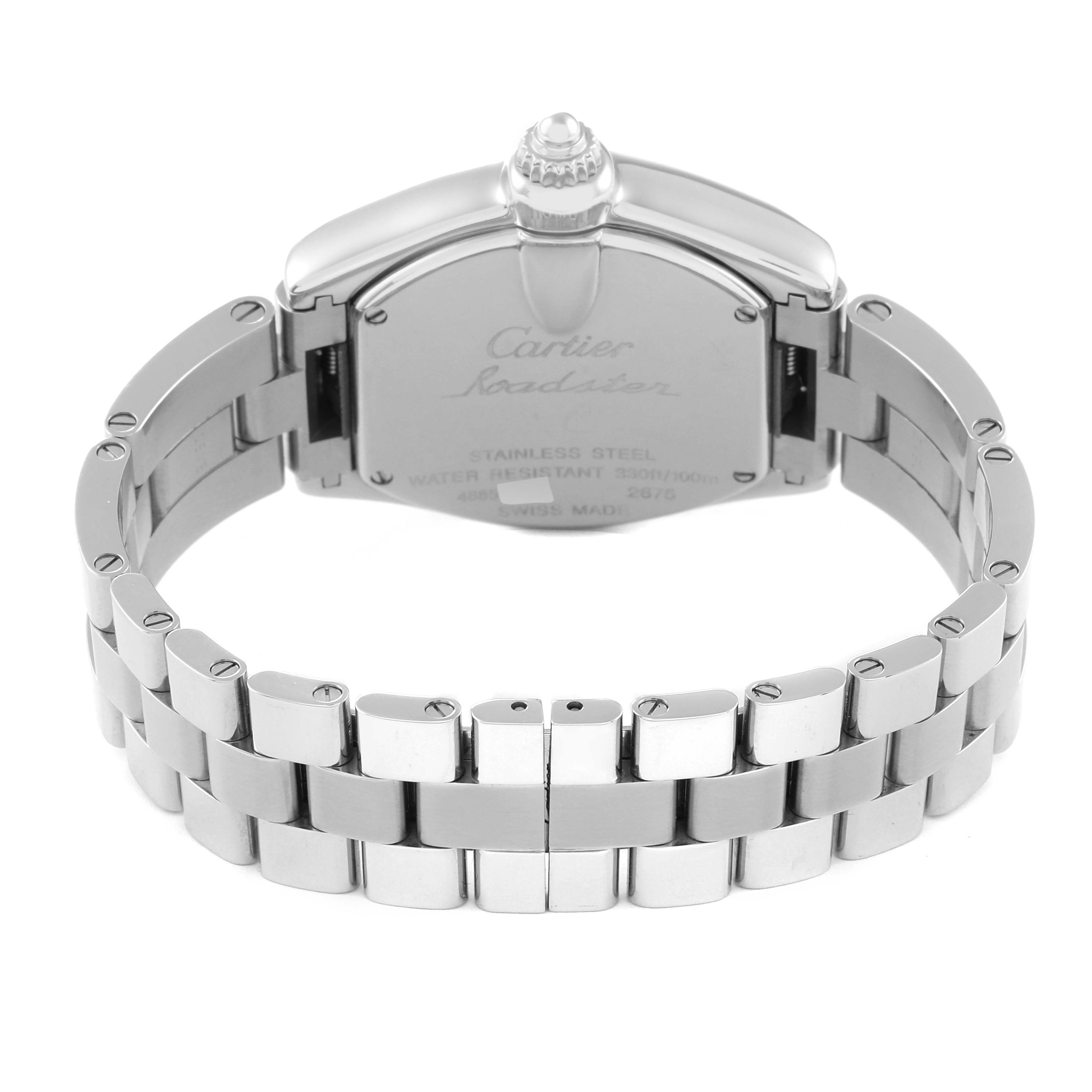 The image shows the back case and stainless steel bracelet of a Cartier Roadster W6206006 Women's Stainless Steel Mother of Pearl Dial W6206006 Women's Stainless Steel Mother of Pearl Dial watch.