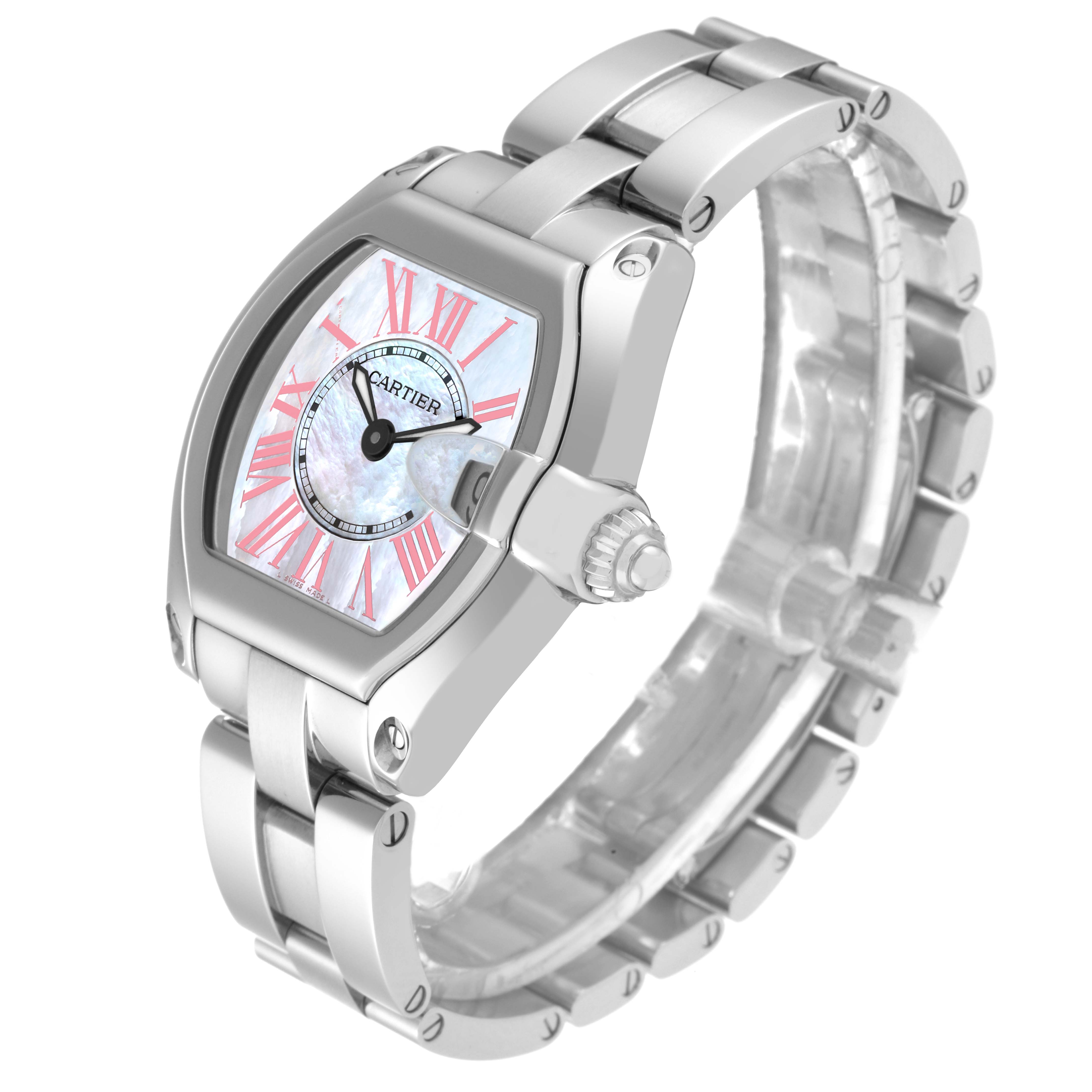This image shows a Cartier Roadster W6206006 Women's Stainless Steel Mother of Pearl Dial W6206006 Women's Stainless Steel Mother of Pearl Dial watch at a three-quarter angle, depicting its face, bezel, crown, and bracelet.