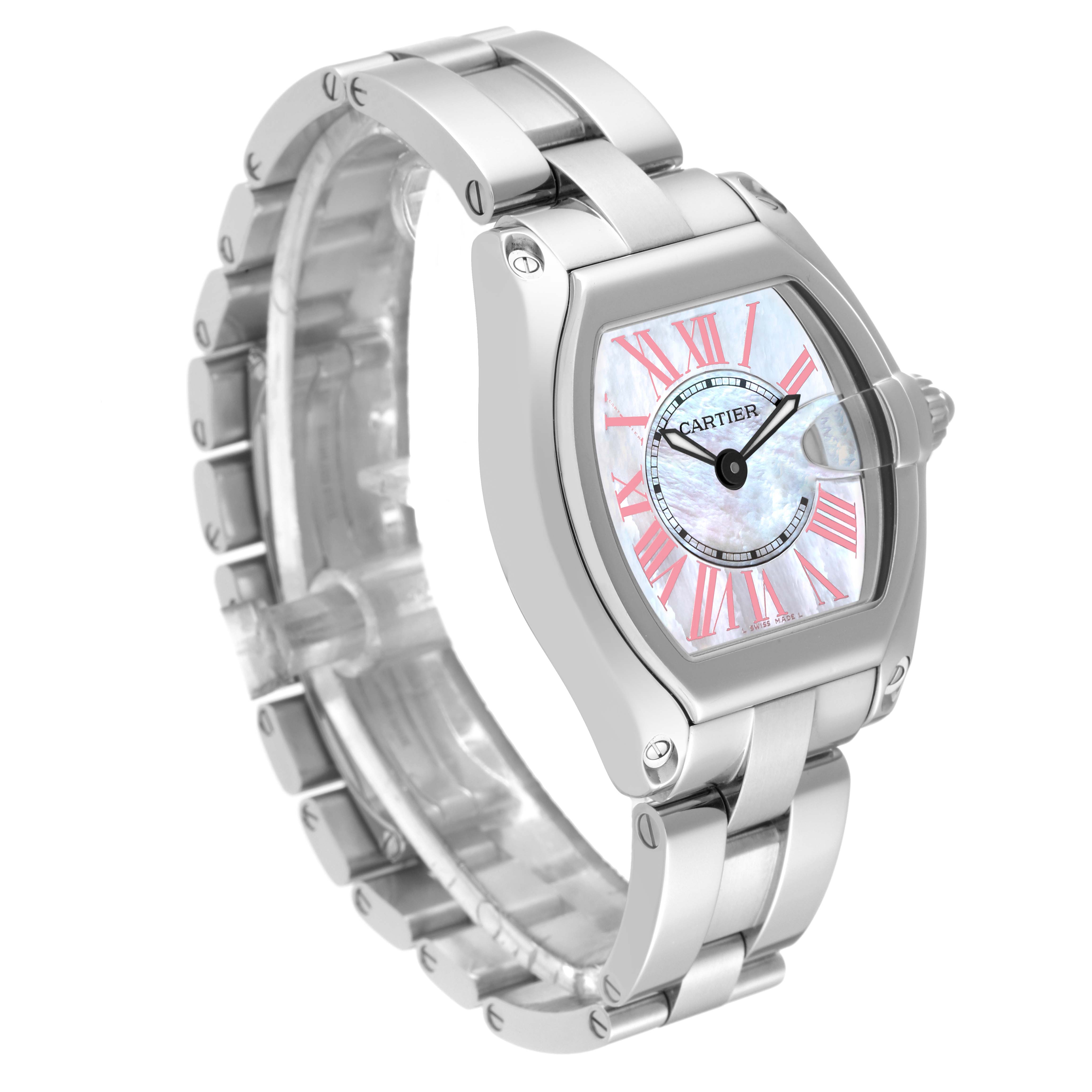 This image shows the Cartier Roadster W6206006 Women's Stainless Steel Mother of Pearl Dial W6206006 Women's Stainless Steel Mother of Pearl Dial watch at a three-quarter angle, highlighting the dial, bezel, crown, and bracelet.