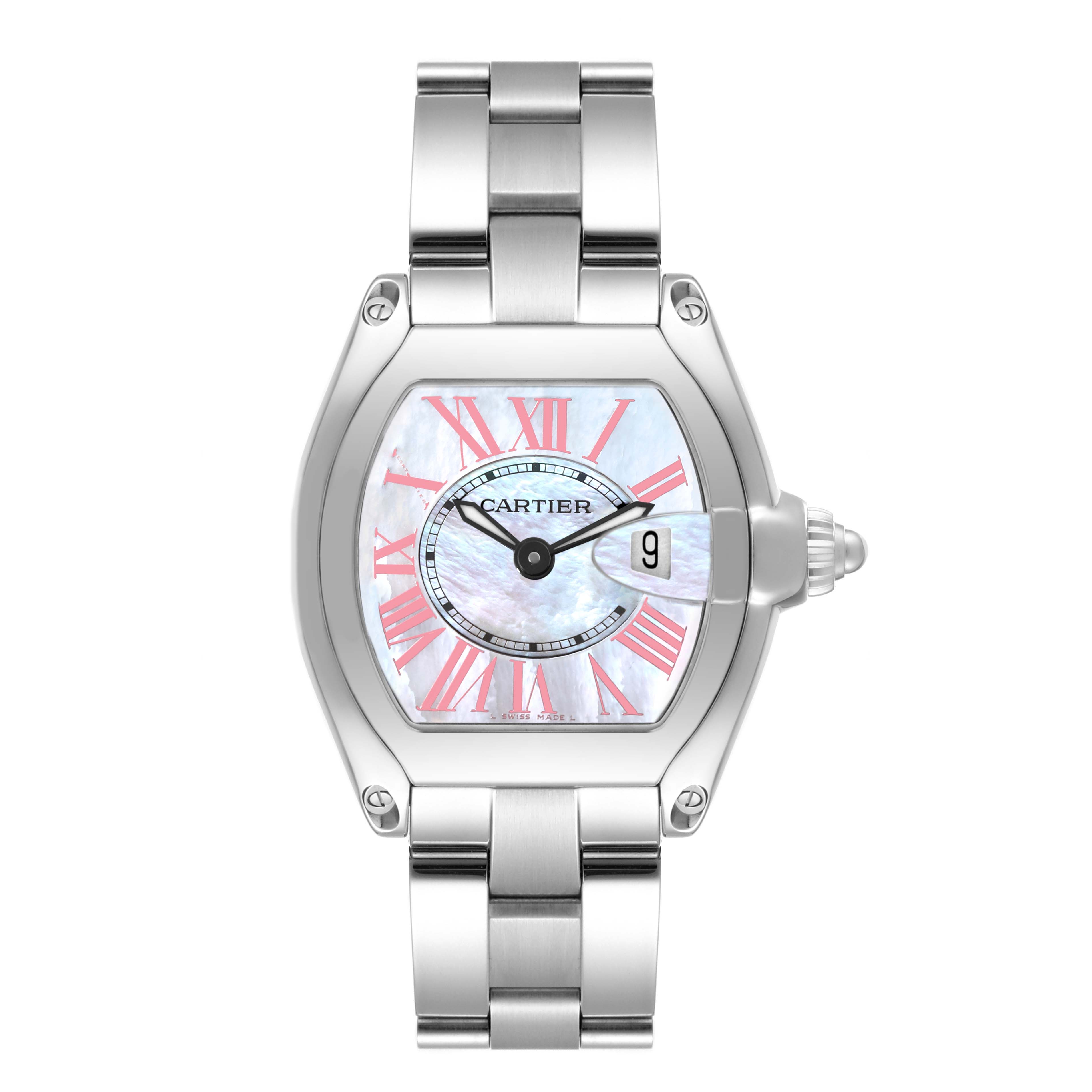 The Cartier Roadster W6206006 Women's Stainless Steel Mother of Pearl Dial W6206006 Women's Stainless Steel Mother of Pearl Dial watch is shown from a top-down angle, featuring its full face, bracelet, and crown.