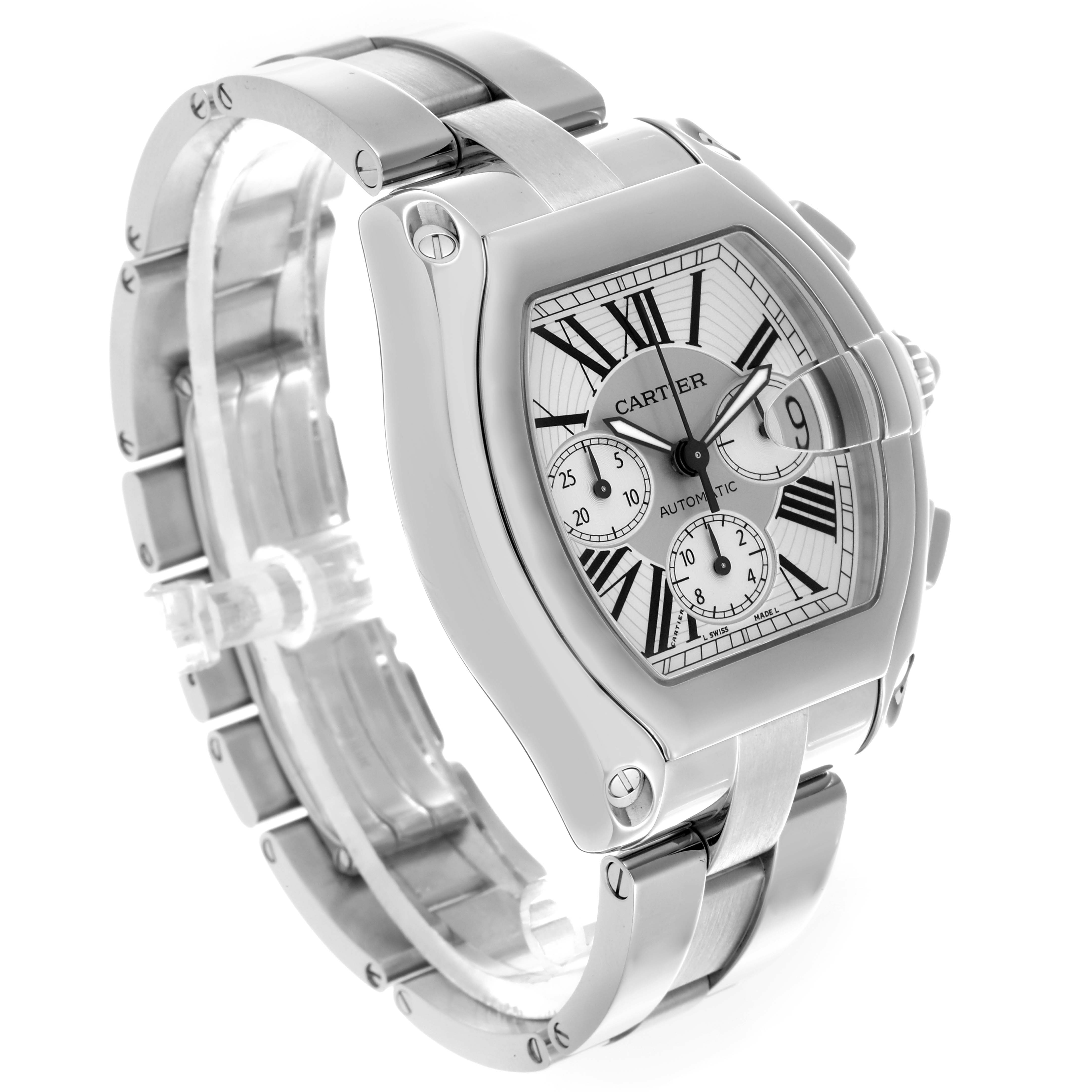 The Cartier Roadster W62019X6 Men's Stainless Steel Silver Dial W62019X6 Men's Stainless Steel Silver Dial watch is shown at a three-quarter angle, highlighting the face, bezel, and metal bracelet.