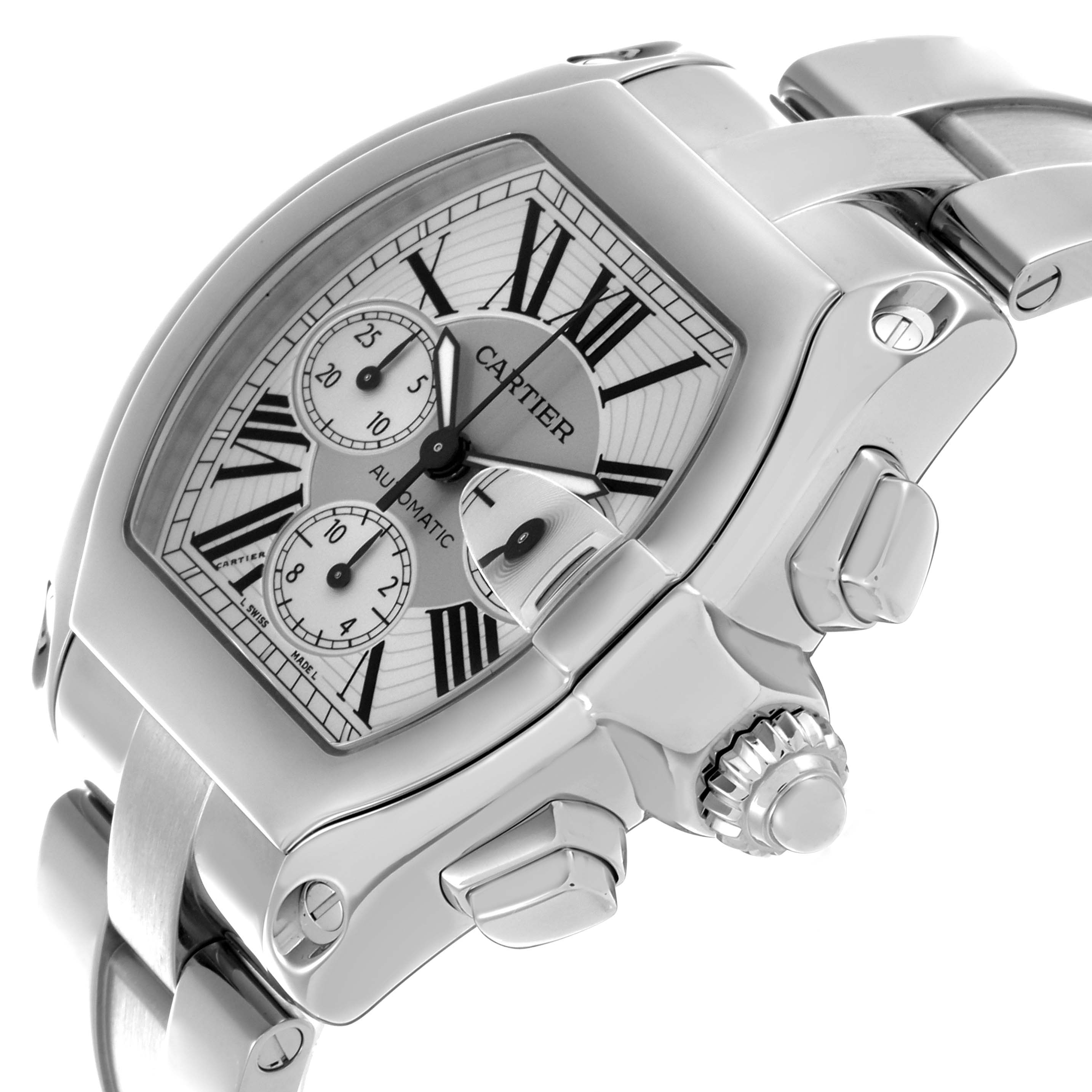 The Cartier Roadster W62019X6 Men's Stainless Steel Silver Dial W62019X6 Men's Stainless Steel Silver Dial watch is shown from an angled side view, highlighting the dial, crown, and part of the bracelet.