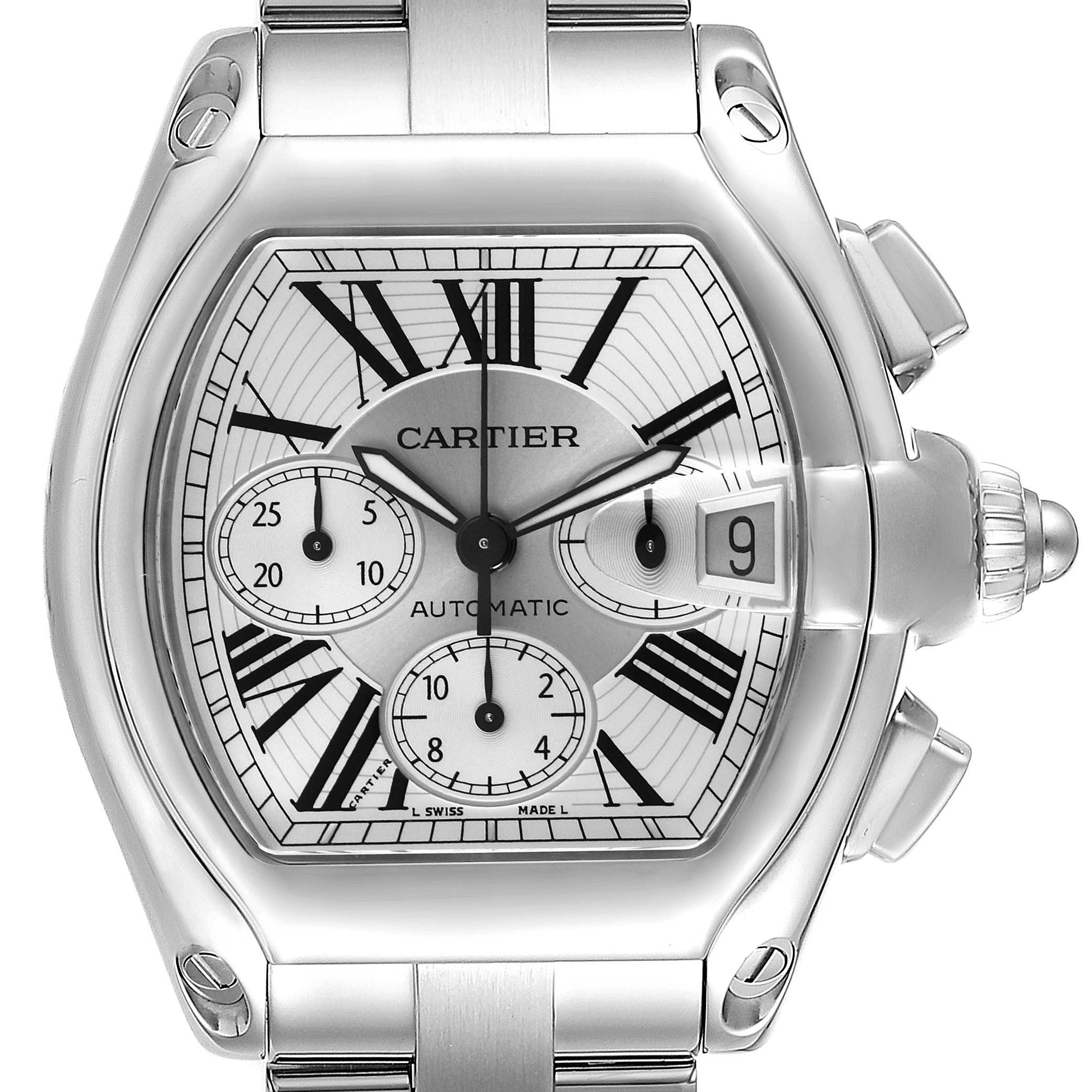 The image shows a frontal view of the Cartier Roadster W62019X6 Men's Stainless Steel Silver Dial W62019X6 Men's Stainless Steel Silver Dial watch, displaying its dial, case, and part of the bracelet.