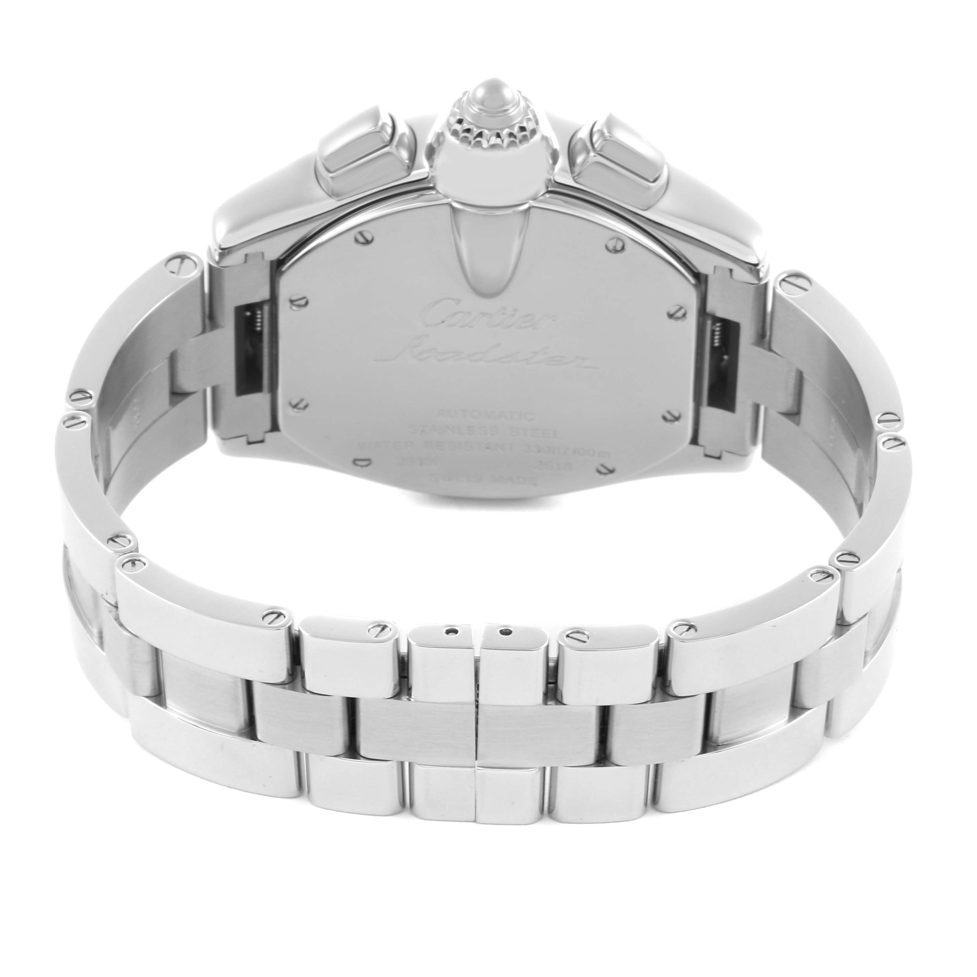 The Cartier Roadster W62019X6 Men's Stainless Steel Silver Dial W62019X6 Men's Stainless Steel Silver Dial watch is shown from the back, displaying the case back and bracelet links.