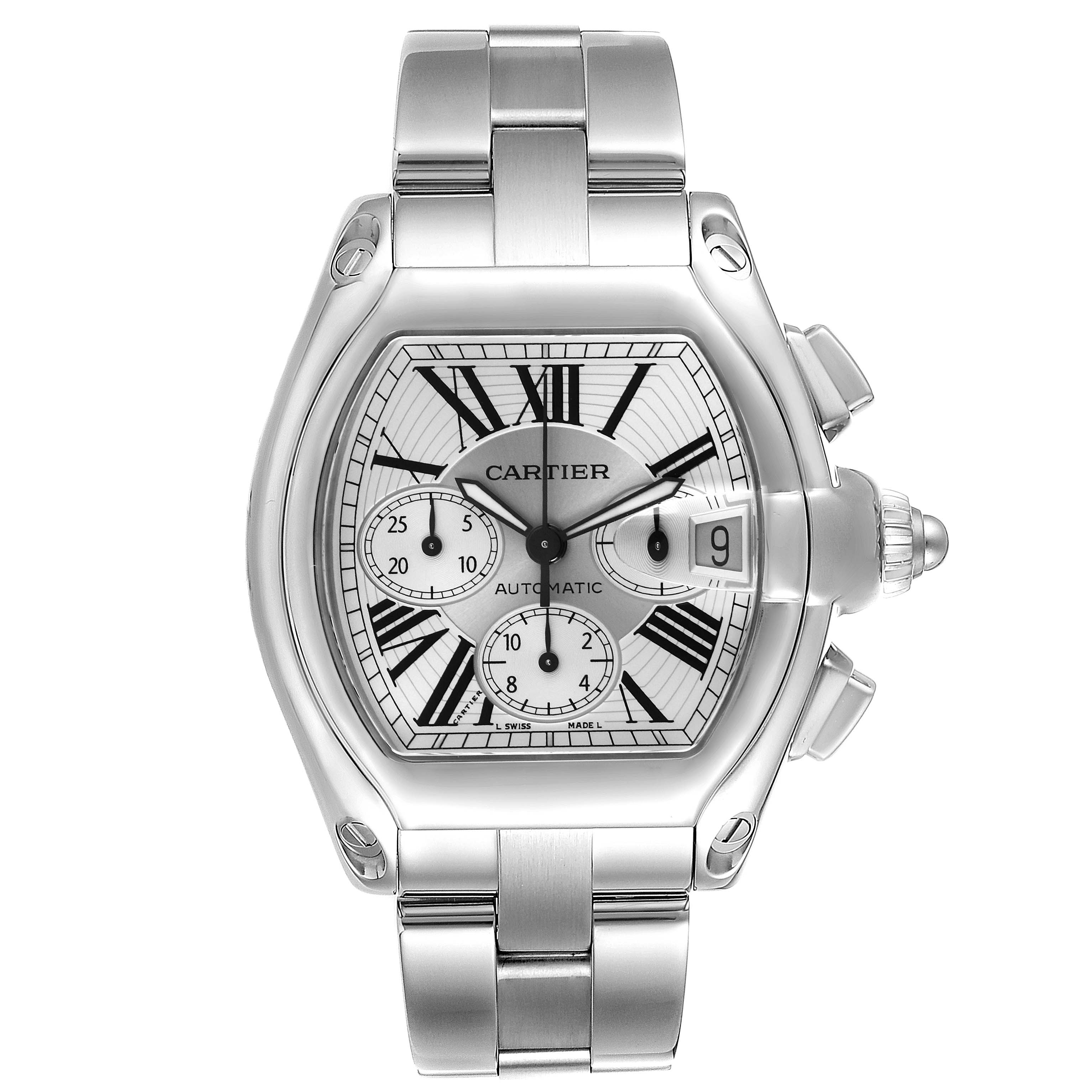 The Cartier Roadster W62019X6 Men's Stainless Steel Silver Dial W62019X6 Men's Stainless Steel Silver Dial watch is shown from a front angle, highlighting its dial, crown, and bracelet.