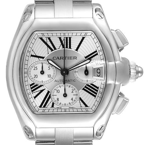 The Cartier Roadster watch is shown from the front, displaying its dial, date window, and chronograph subdials.