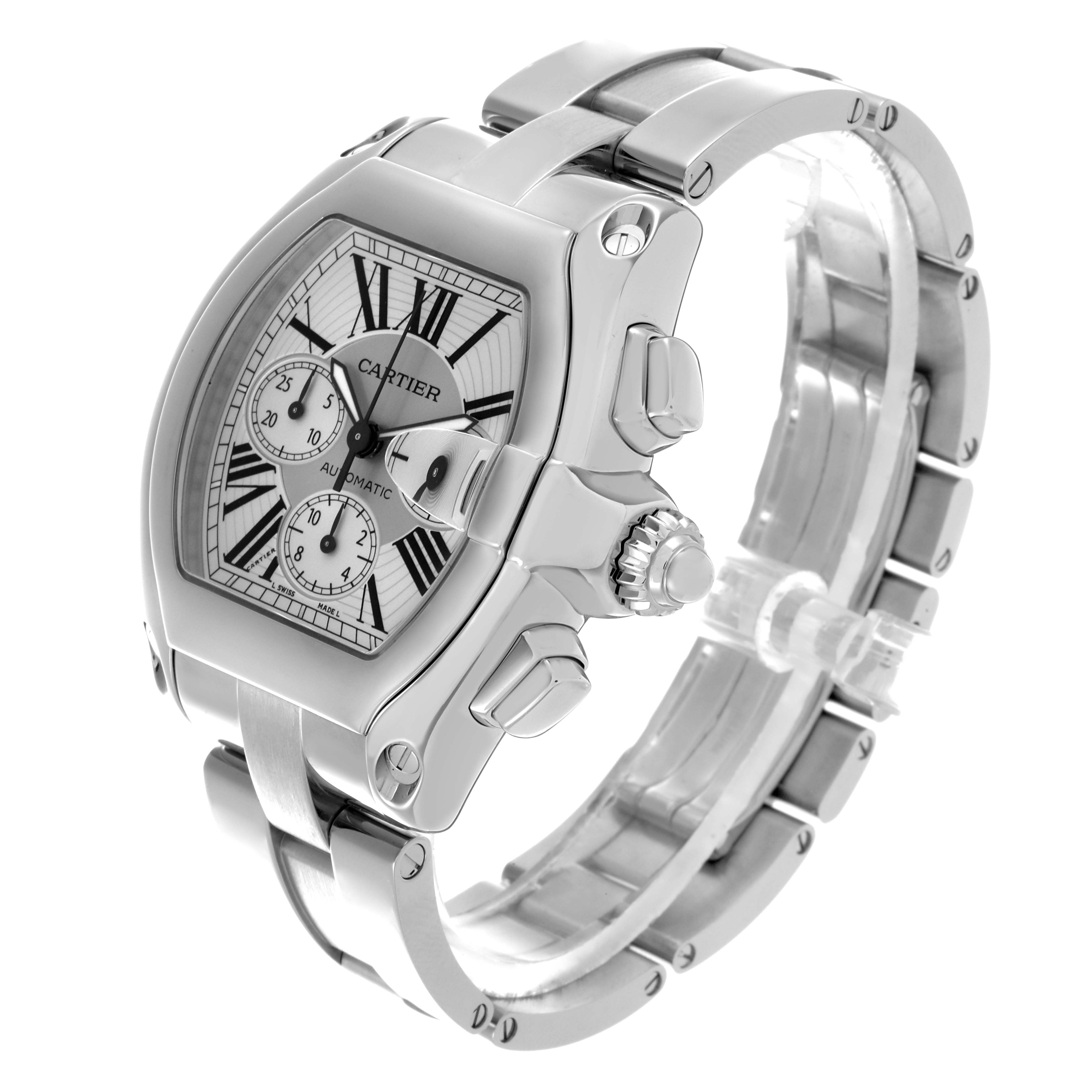 The image shows a Cartier Roadster W62019X6 Men's Stainless Steel Silver Dial W62019X6 Men's Stainless Steel Silver Dial watch at a three-quarter angle, highlighting its bezel, crown, dial, and bracelet.