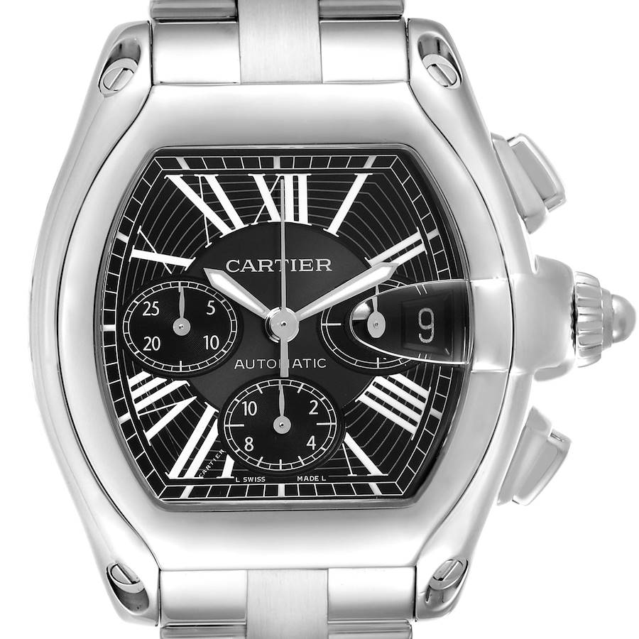 The Cartier Roadster watch is shown from the front, highlighting the dial, crown, and chronograph buttons.