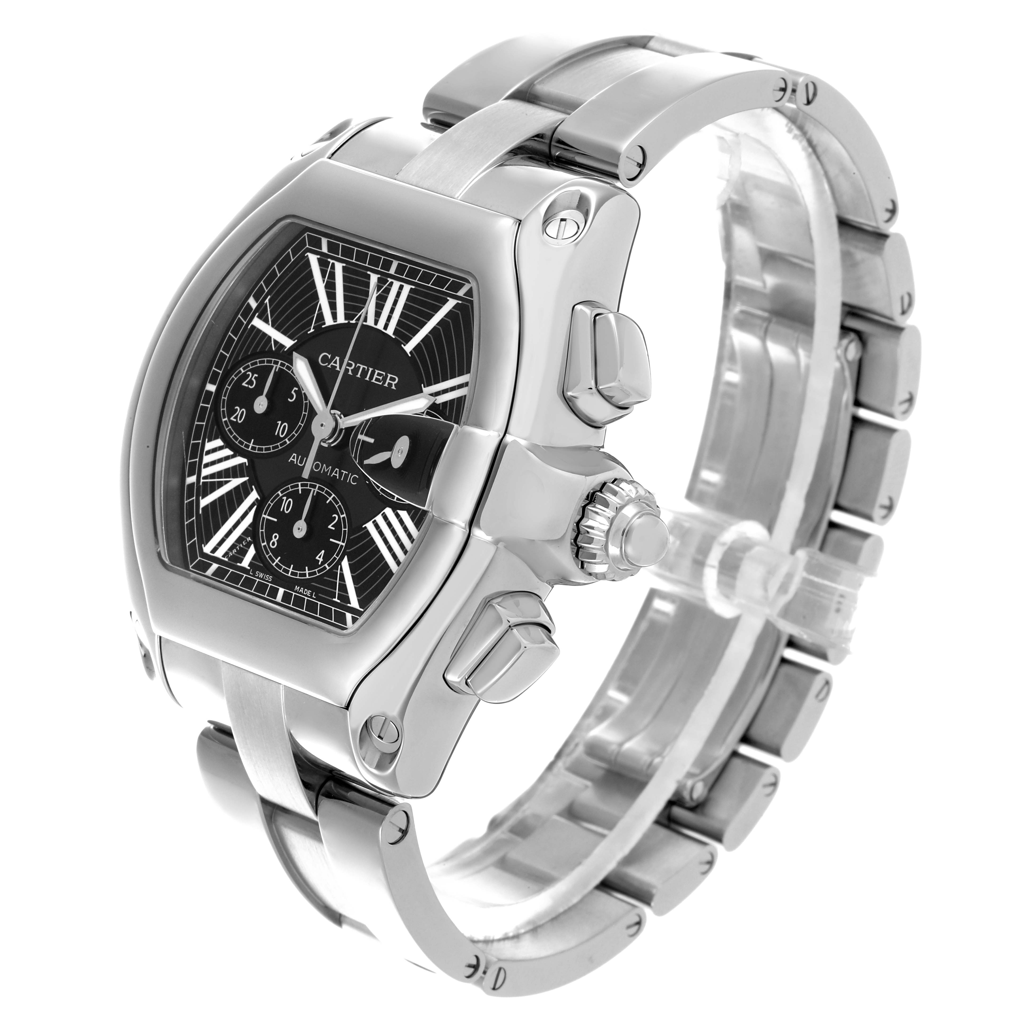 The Cartier Roadster W62020X6 Men's Stainless Steel Black Dial W62020X6 Men's Stainless Steel Black Dial watch is shown at a three-quarter angle, highlighting the face, crown, and bracelet.