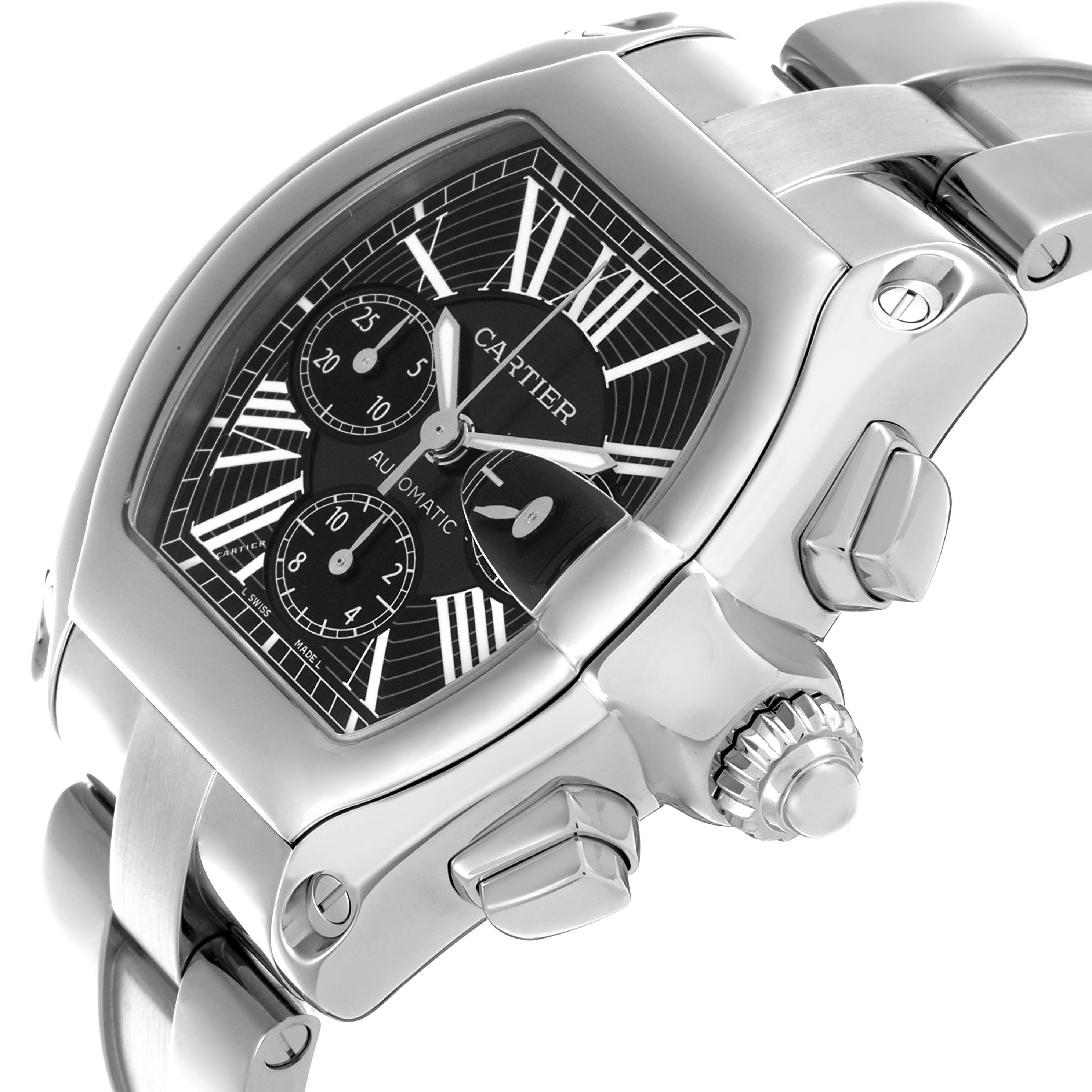 The Cartier Roadster W62020X6 Men's Stainless Steel Black Dial W62020X6 Men's Stainless Steel Black Dial watch is shown at a slight angle, highlighting its dial, crown, and part of the bracelet.