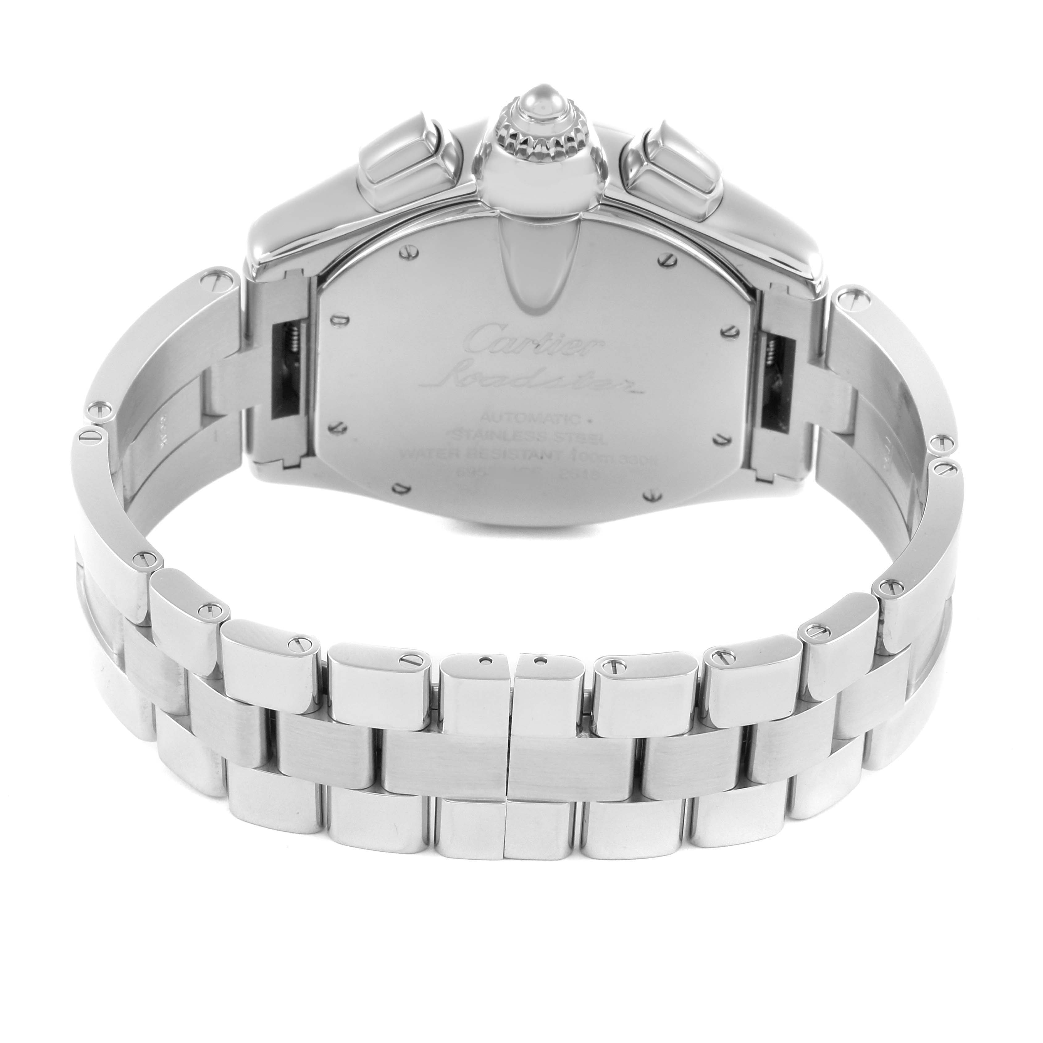 The Cartier Roadster W62020X6 Men's Stainless Steel Black Dial W62020X6 Men's Stainless Steel Black Dial watch is shown from the back, highlighting its stainless steel case and bracelet.