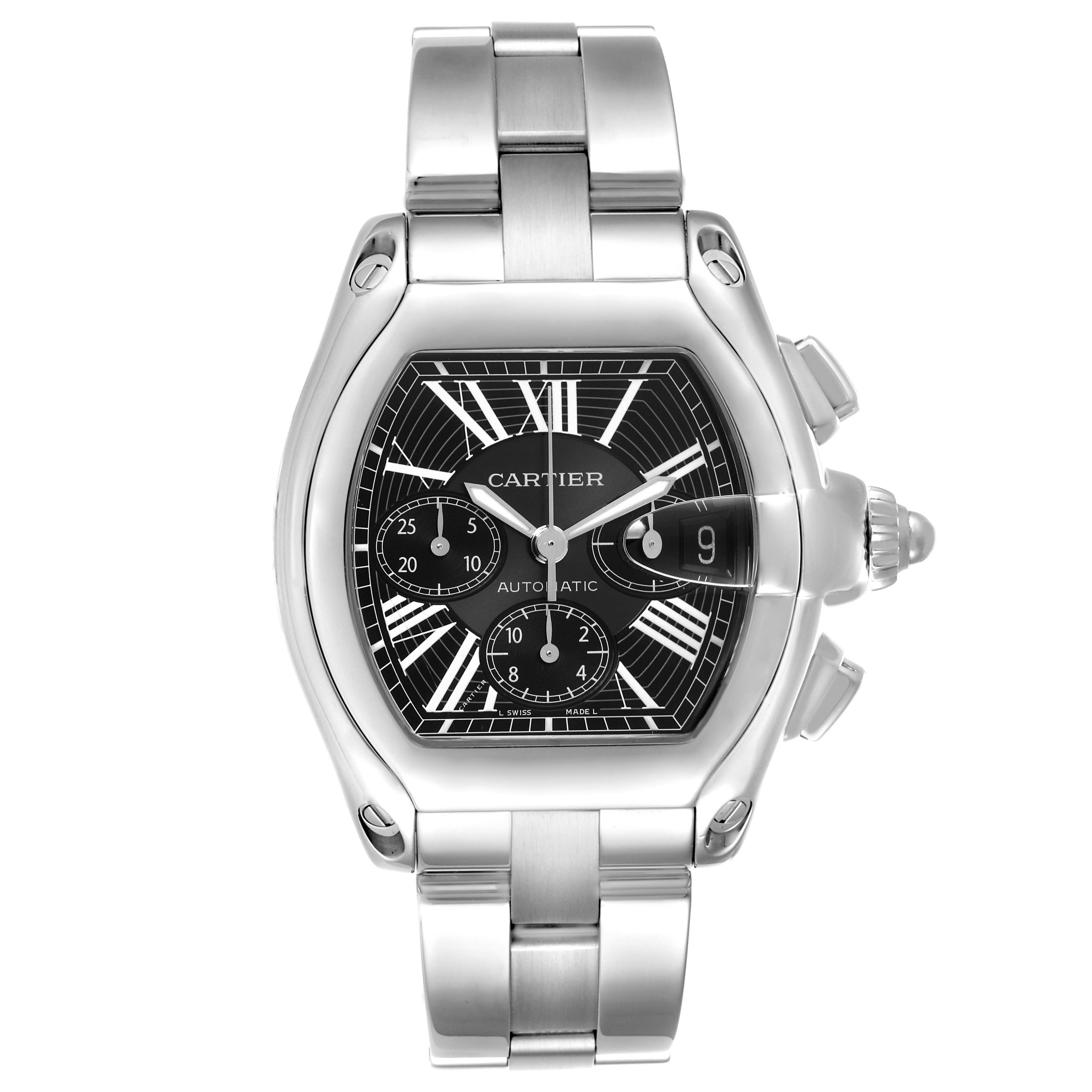 The Cartier Roadster W62020X6 Men's Stainless Steel Black Dial W62020X6 Men's Stainless Steel Black Dial watch is shown from a front angle, displaying the face, bezel, and stainless steel bracelet.