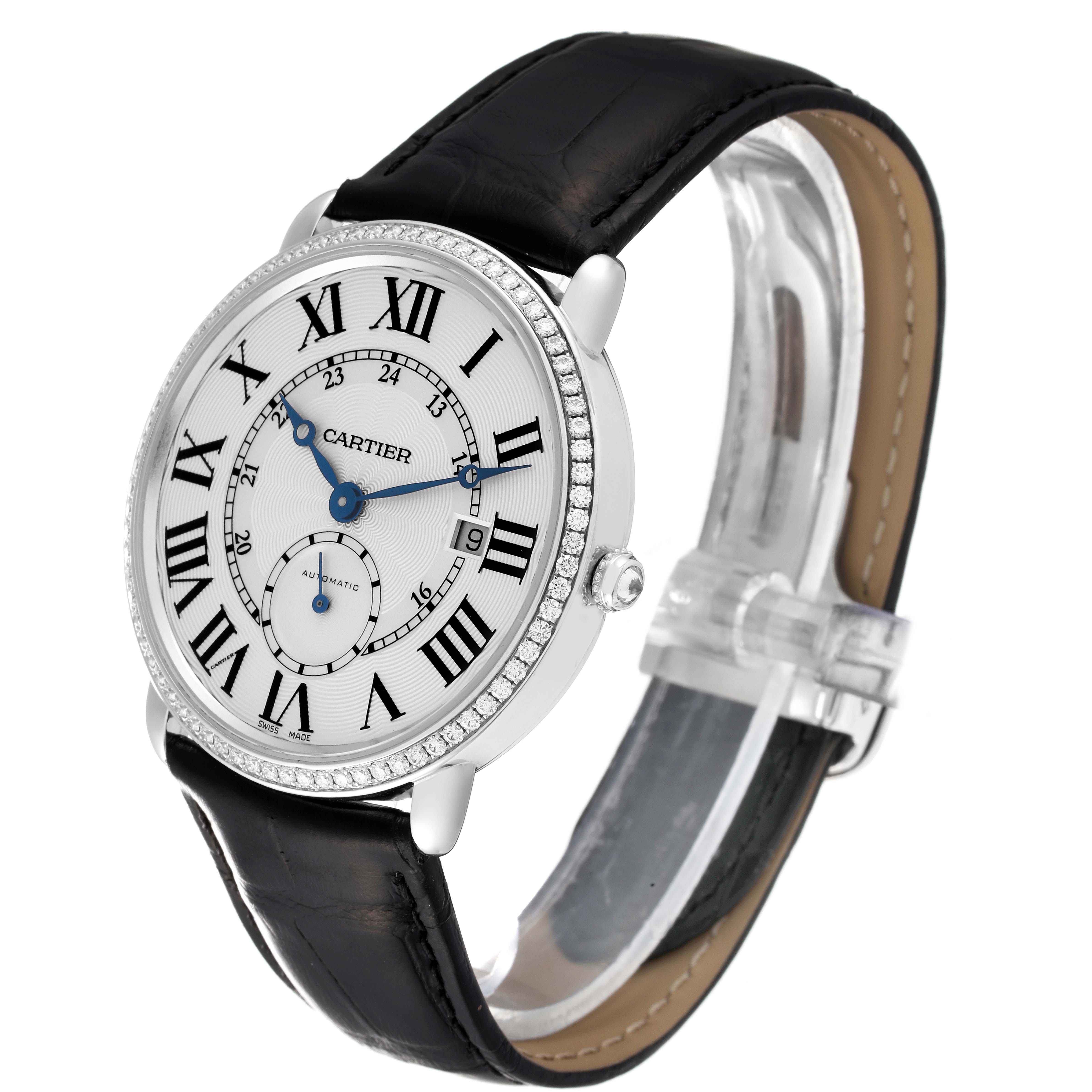 This image shows a Cartier Ronde WR007018 Men's White Gold Silver Dial WR007018 Men's White Gold Silver Dial model watch from a front angle, highlighting its face, black leather strap, and case.