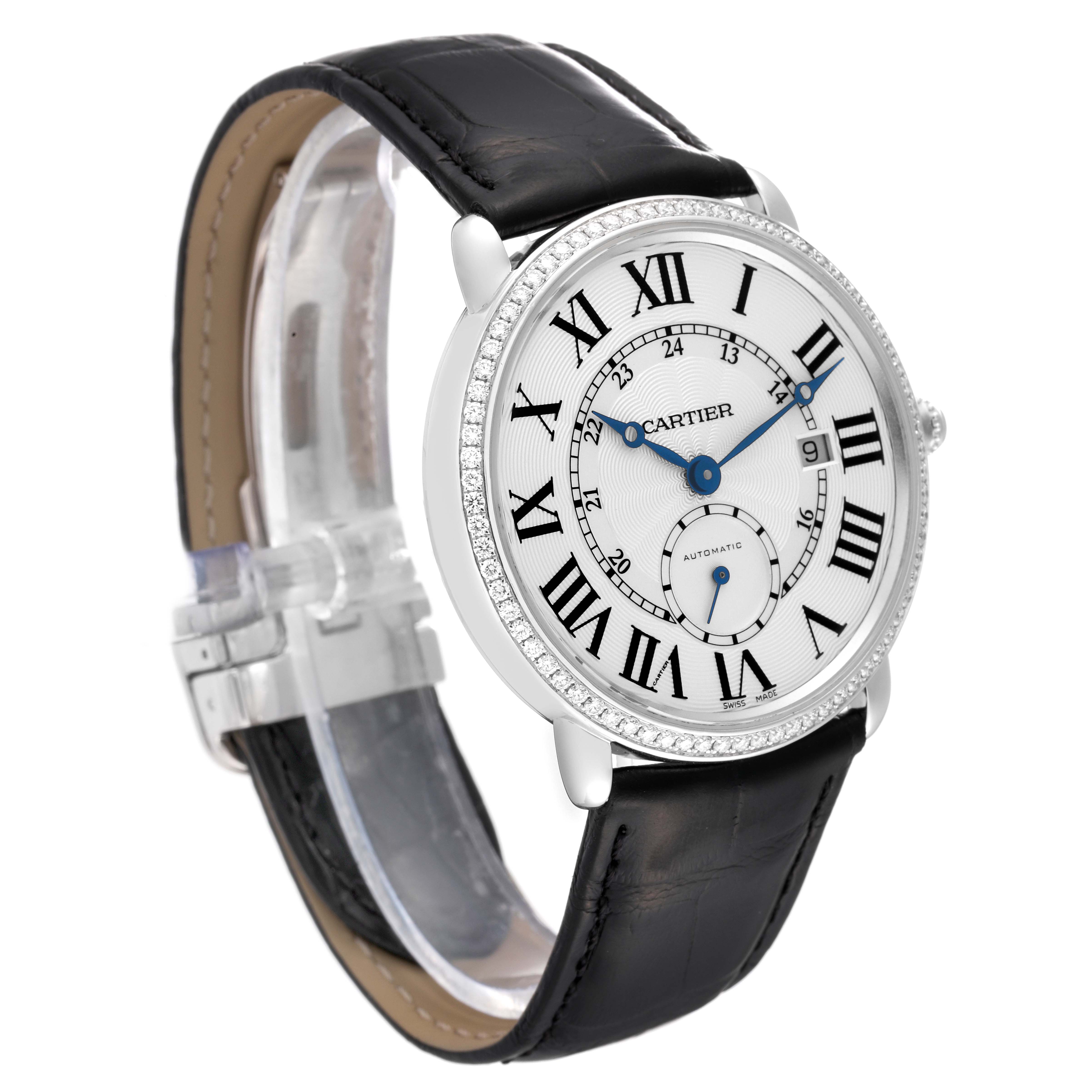 The image shows a Cartier Ronde WR007018 Men's White Gold Silver Dial WR007018 Men's White Gold Silver Dial model watch from a front-side angle, displaying its face, bezel, and black leather strap.