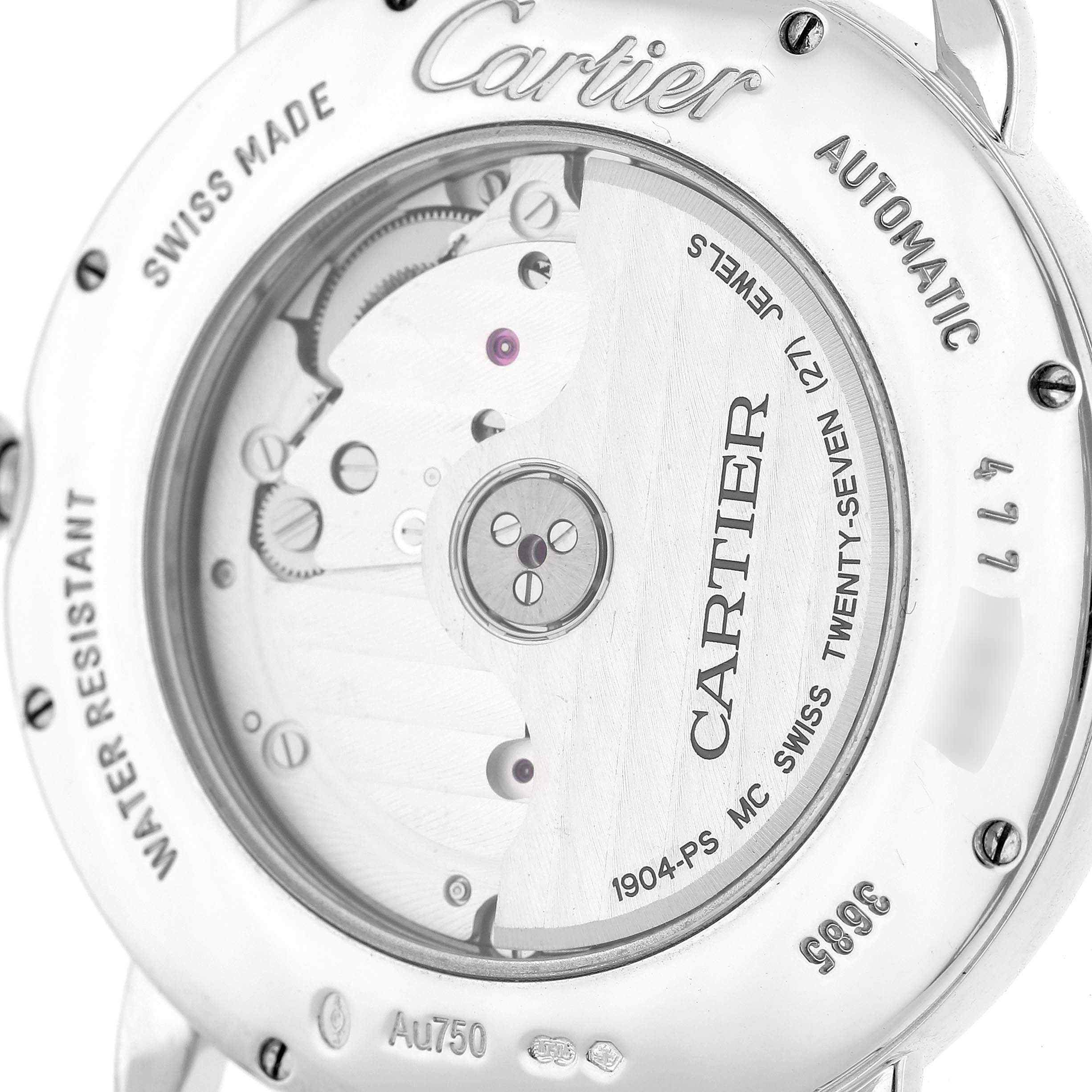 This image shows the back view of a Cartier Ronde WR007018 Men's White Gold Silver Dial WR007018 Men's White Gold Silver Dial watch, highlighting its automatic movement and internal mechanisms.