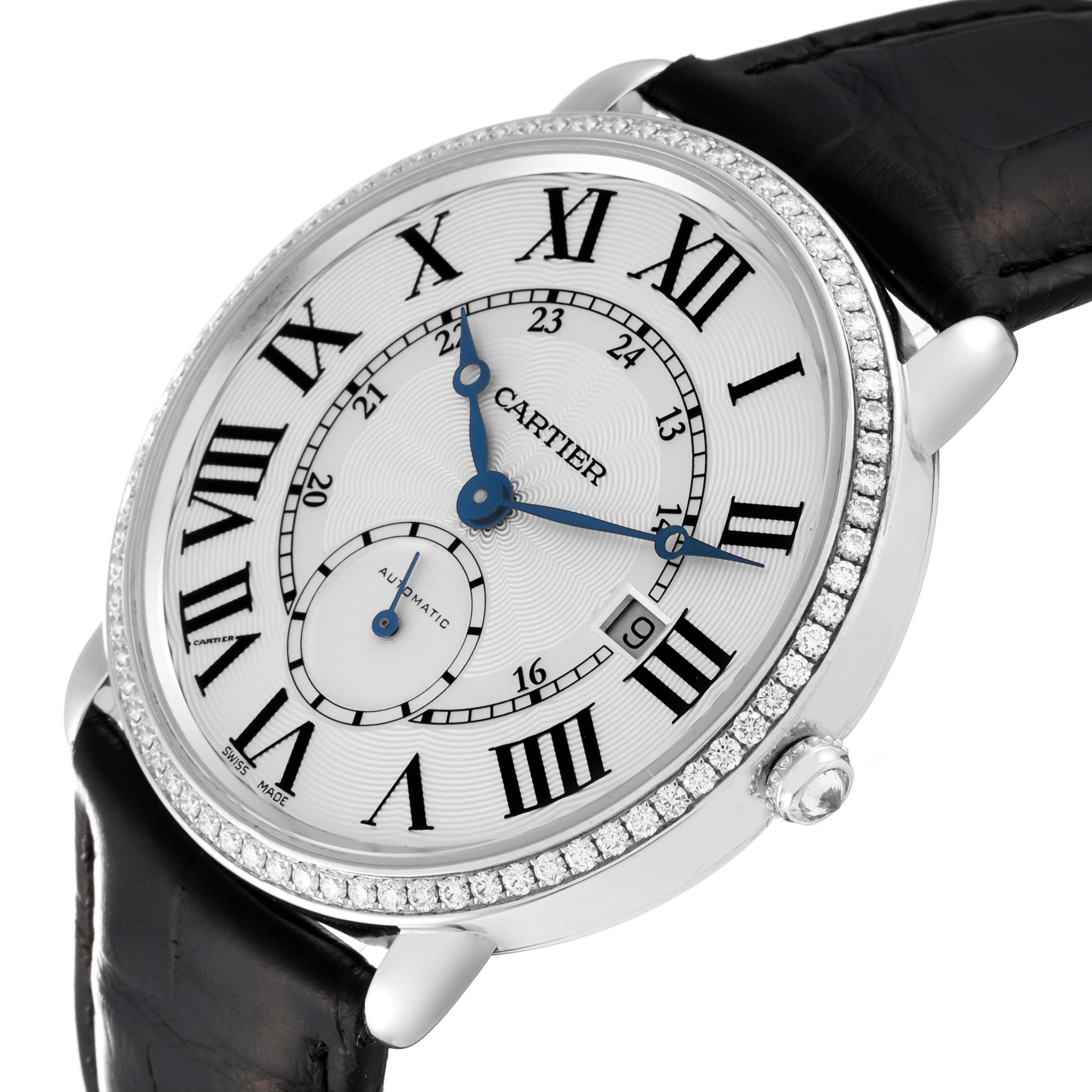 The image shows a Cartier Ronde WR007018 Men's White Gold Silver Dial WR007018 Men's White Gold Silver Dial watch at a slight angle, highlighting the face, bezel, and partially the strap.