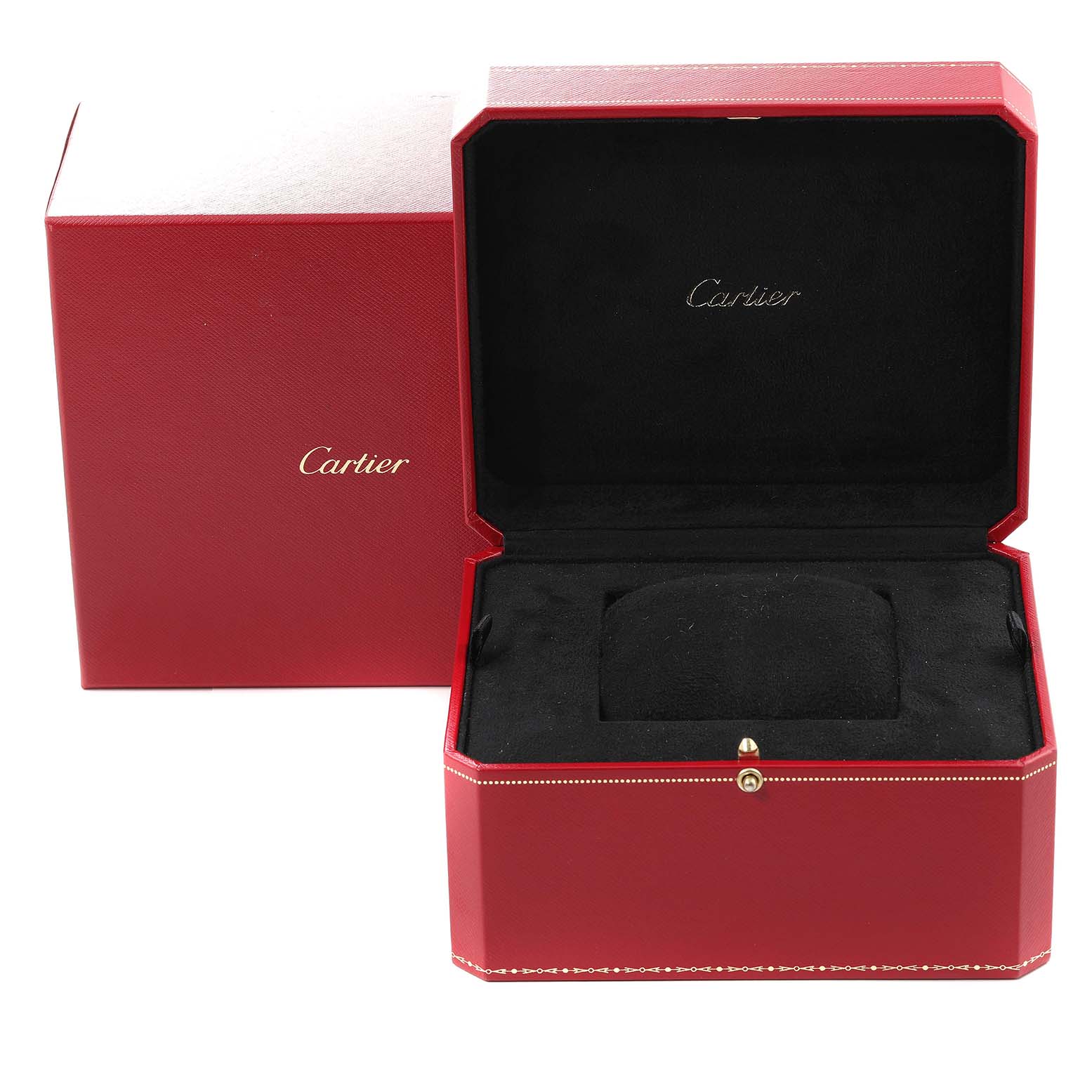 This image shows a red Cartier box and an open watch case for the Ronde model.