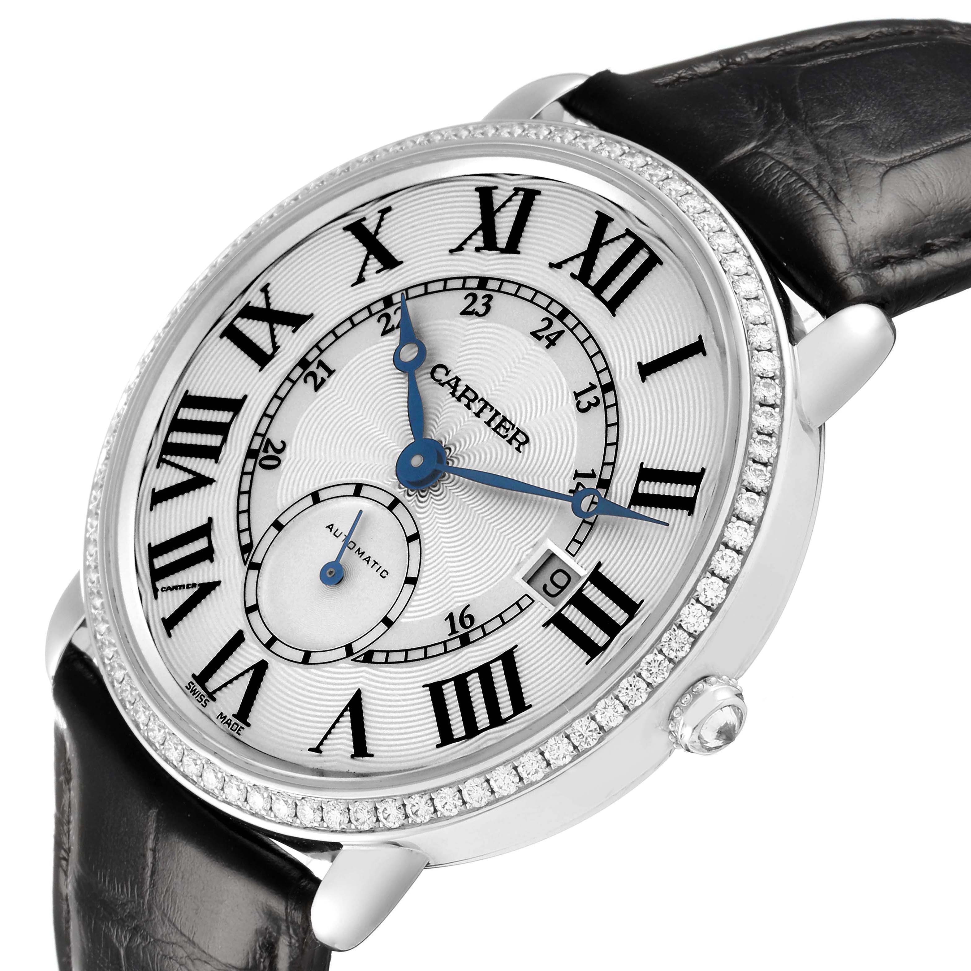 The Cartier Ronde WR007018 Men's White Gold Silver Dial watch is shown at a slight angle, highlighting its face, Roman numerals, and diamond-set bezel.