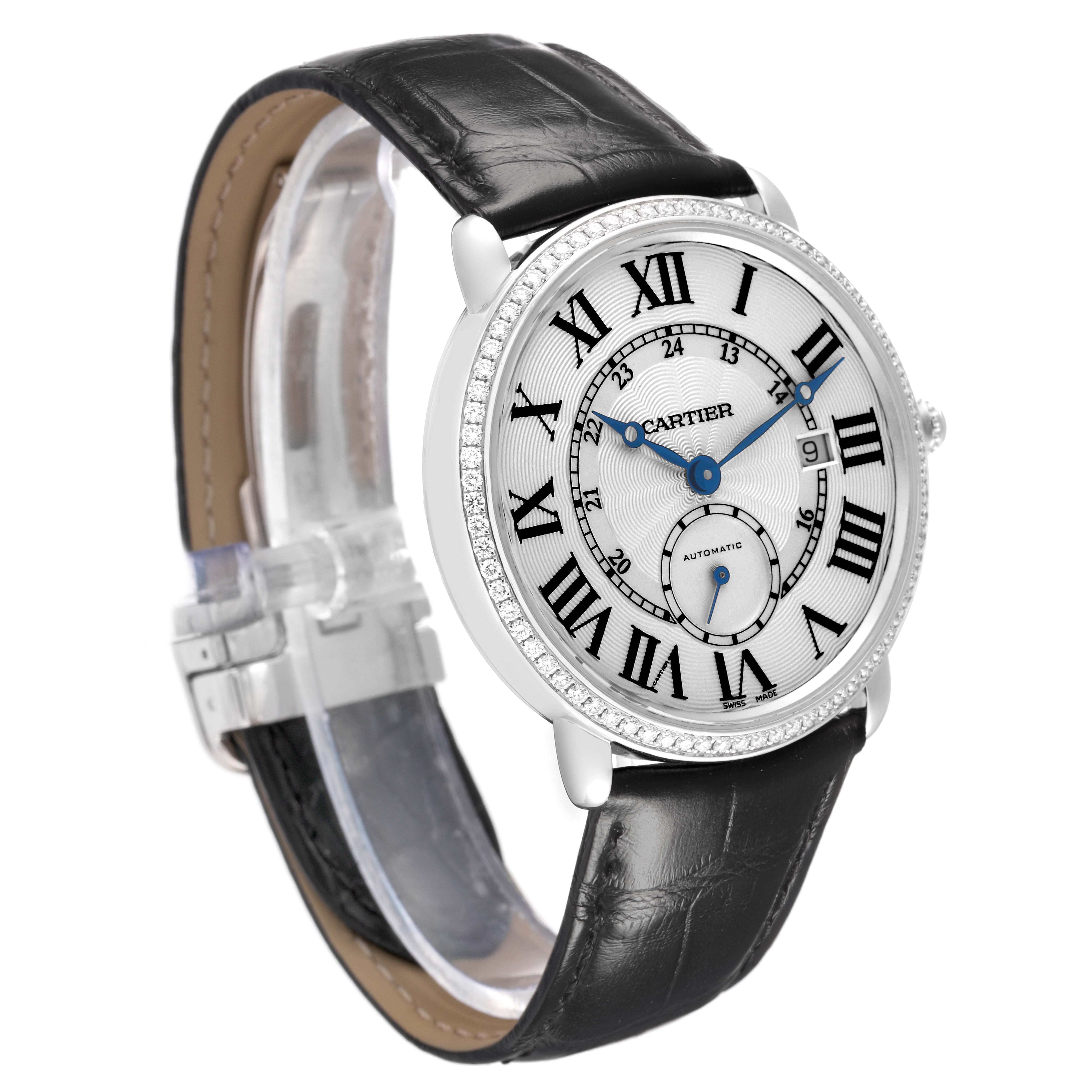 The image shows a Cartier Ronde WR007018 Men's White Gold Silver Dial watch at a slight side angle, displaying the face, bezel, and black leather strap.