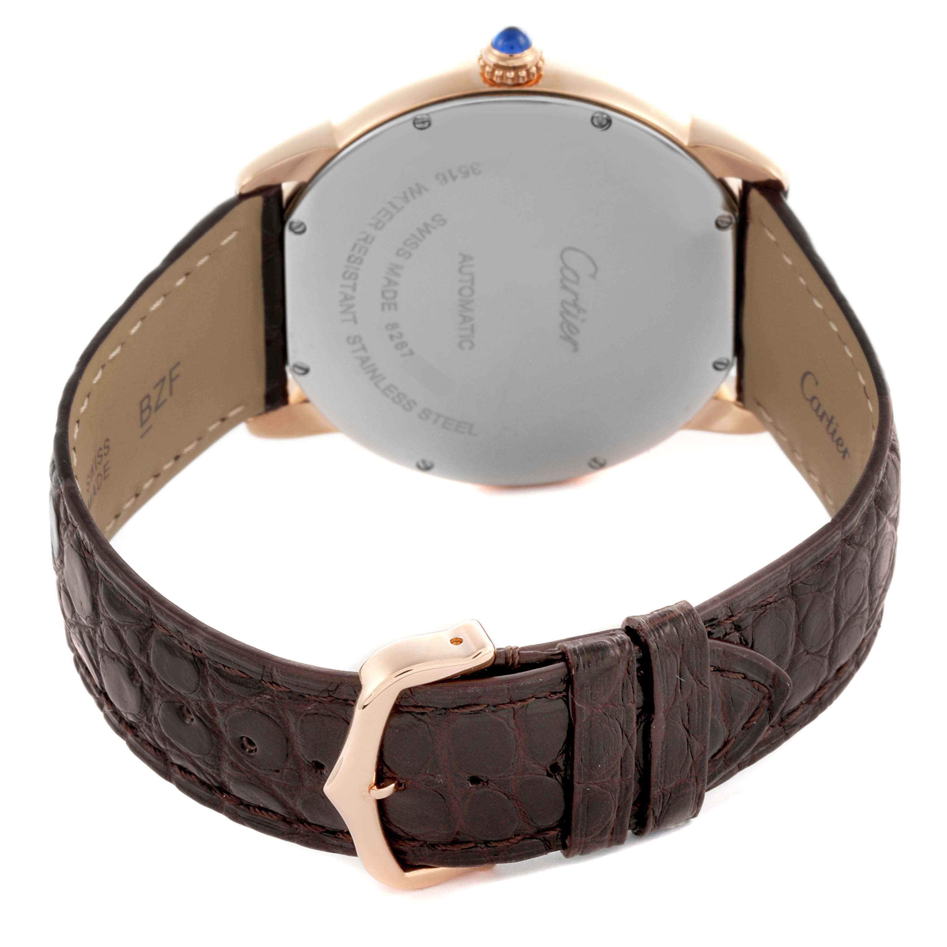 The image shows the back case and strap of the Cartier Ronde W6701009 Men's Steel and Gold (two tone) Silver Dial W6701009 Men's Steel and Gold (two tone) Silver Dial watch from an angled rear view.