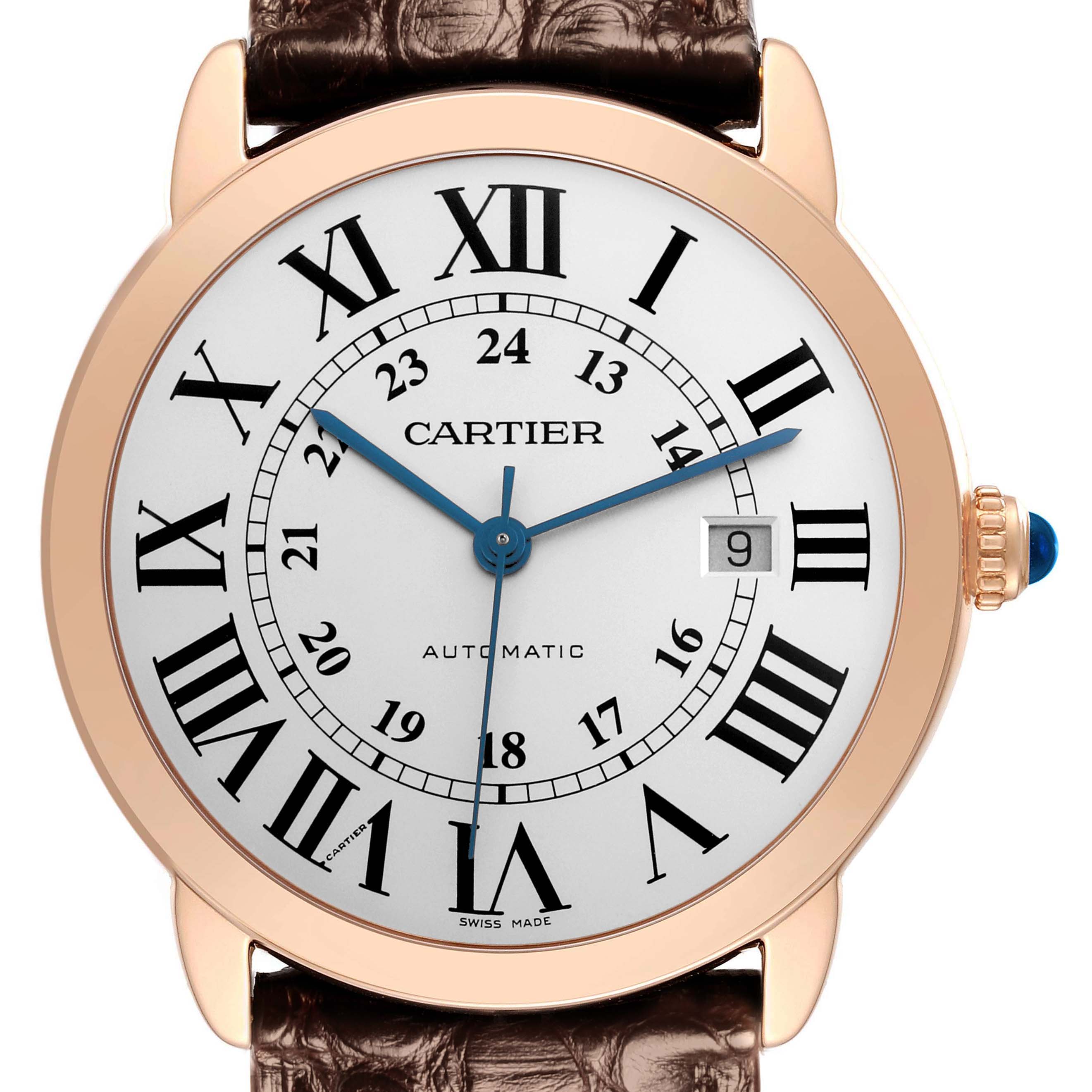 The Cartier Ronde W6701009 Men's Steel and Gold (two tone) Silver Dial W6701009 Men's Steel and Gold (two tone) Silver Dial watch is shown from the front, highlighting the dial, Roman numerals, hands, and crown with a blue sapphire.