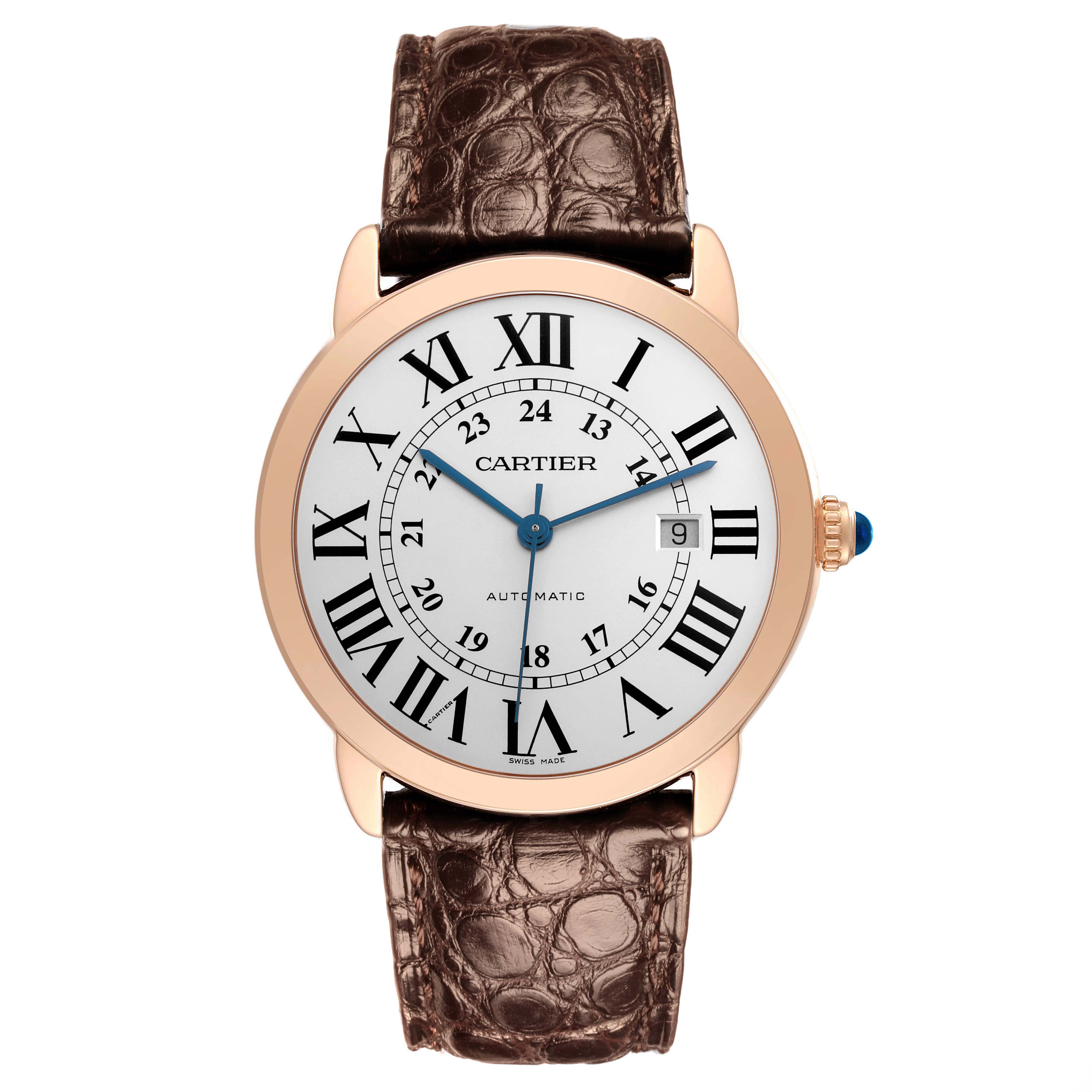The Cartier Ronde W6701009 Men's Steel and Gold (two tone) Silver Dial W6701009 Men's Steel and Gold (two tone) Silver Dial watch is shown from a top-down angle, displaying the dial, hands, and leather strap.