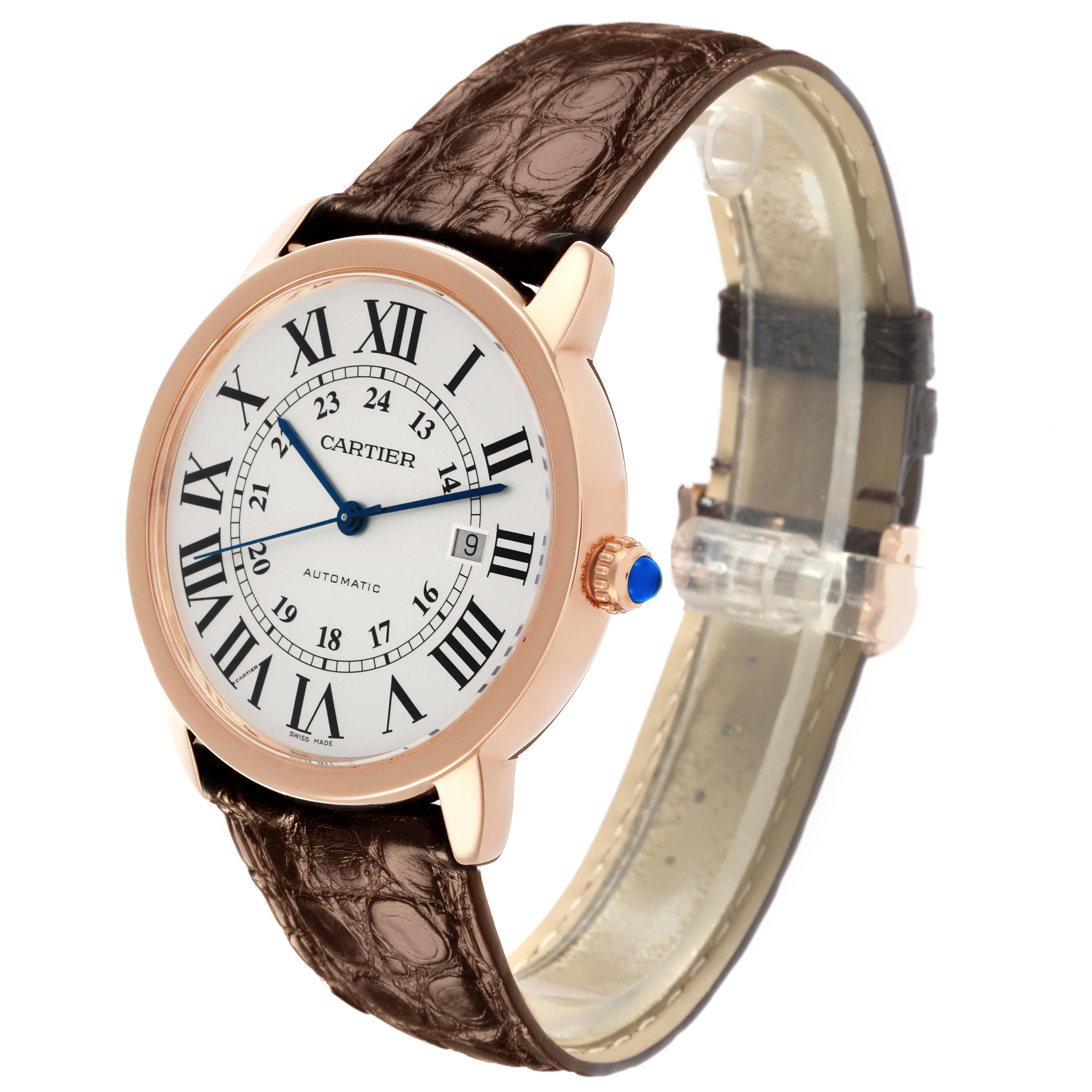The Cartier Ronde W6701009 Men's Steel and Gold (two tone) Silver Dial W6701009 Men's Steel and Gold (two tone) Silver Dial watch is shown at an angle highlighting the face, crown, and brown leather strap.