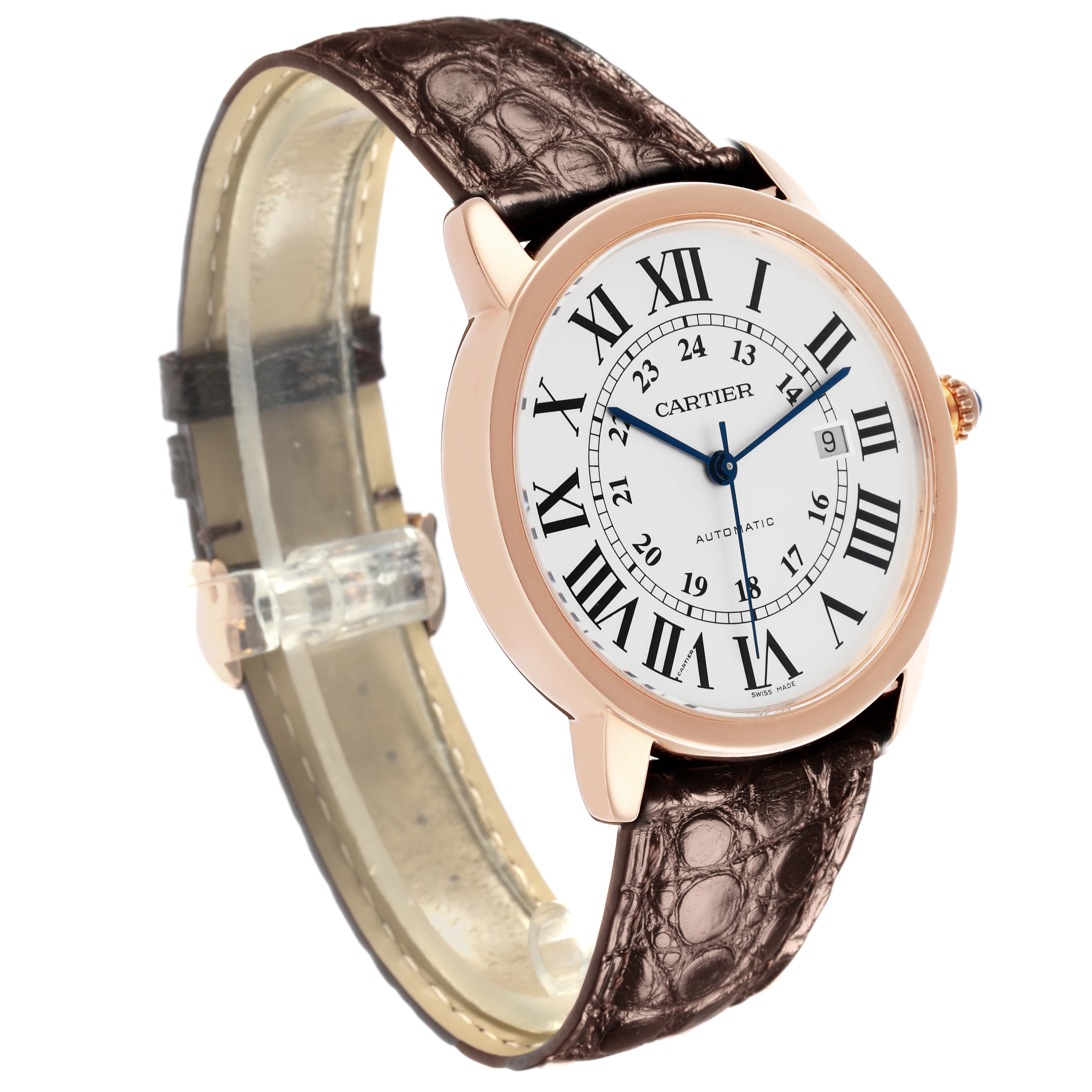 The Cartier Ronde W6701009 Men's Steel and Gold (two tone) Silver Dial W6701009 Men's Steel and Gold (two tone) Silver Dial watch is shown at a three-quarter angle, displaying the face, bezel, and leather strap.
