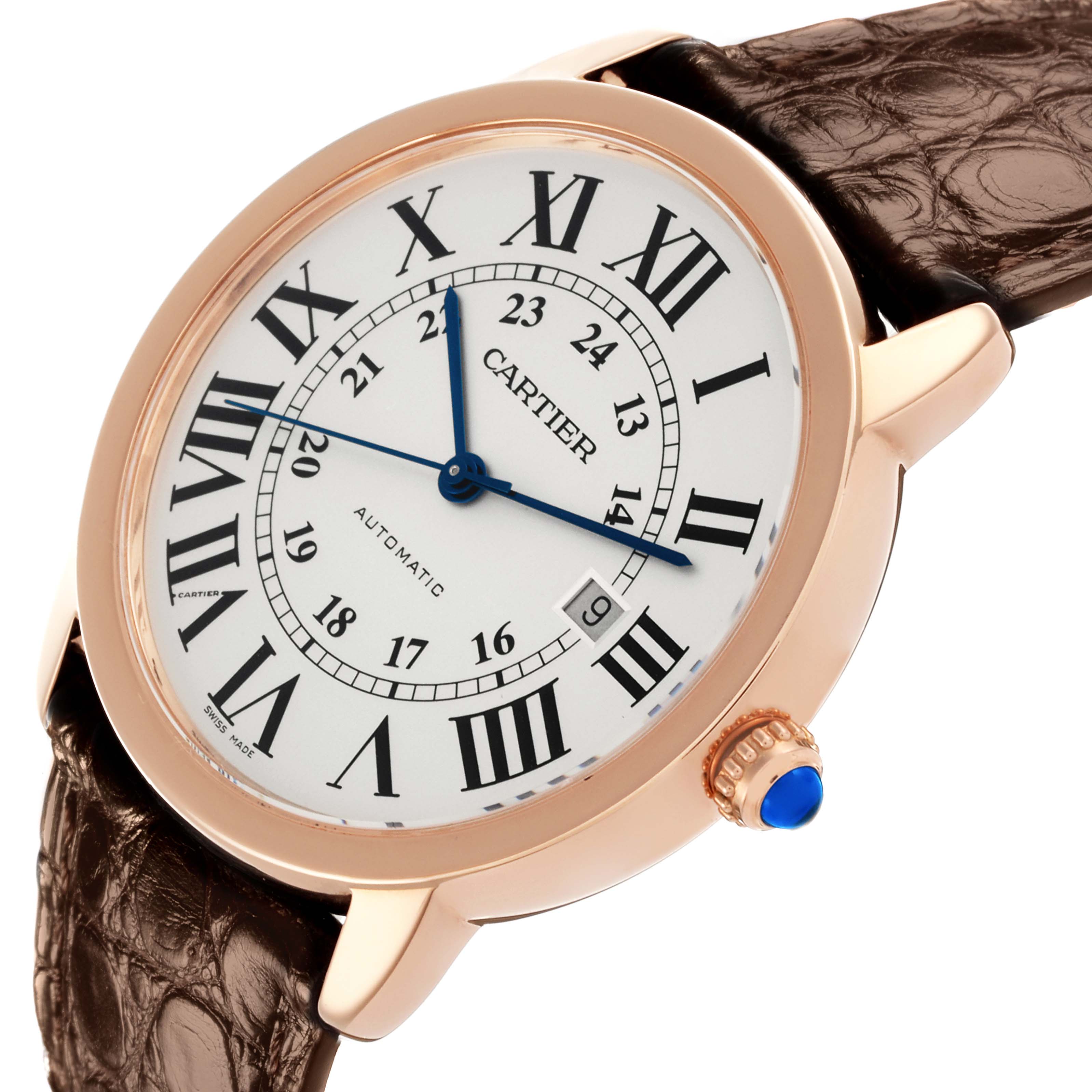 The Cartier Ronde W6701009 Men's Steel and Gold (two tone) Silver Dial W6701009 Men's Steel and Gold (two tone) Silver Dial watch is shown from an angled side view, highlighting the dial, bezel, crown, and part of the strap.