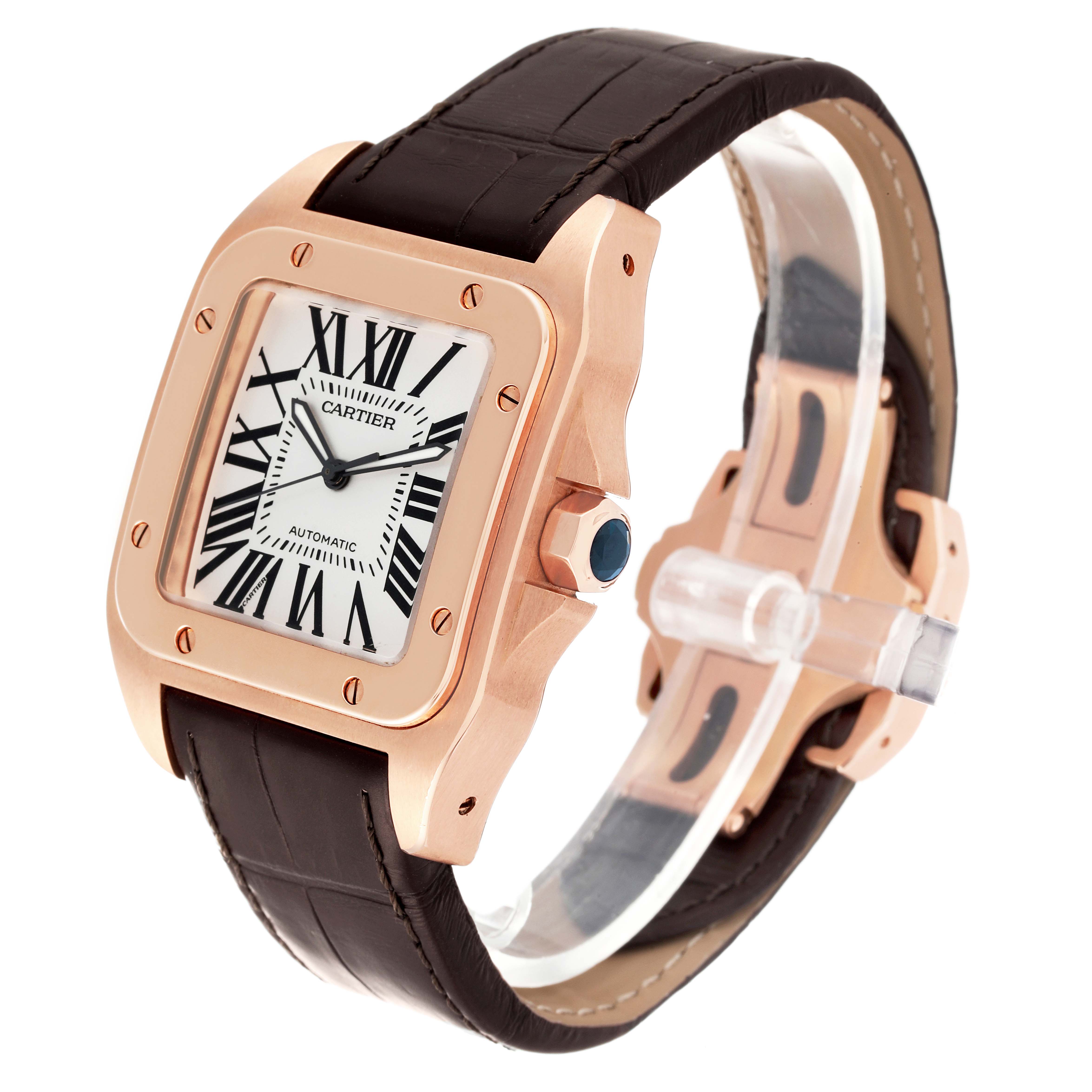 The Santos by Cartier watch is shown at a slight angle, displaying the face, crown, and leather strap.