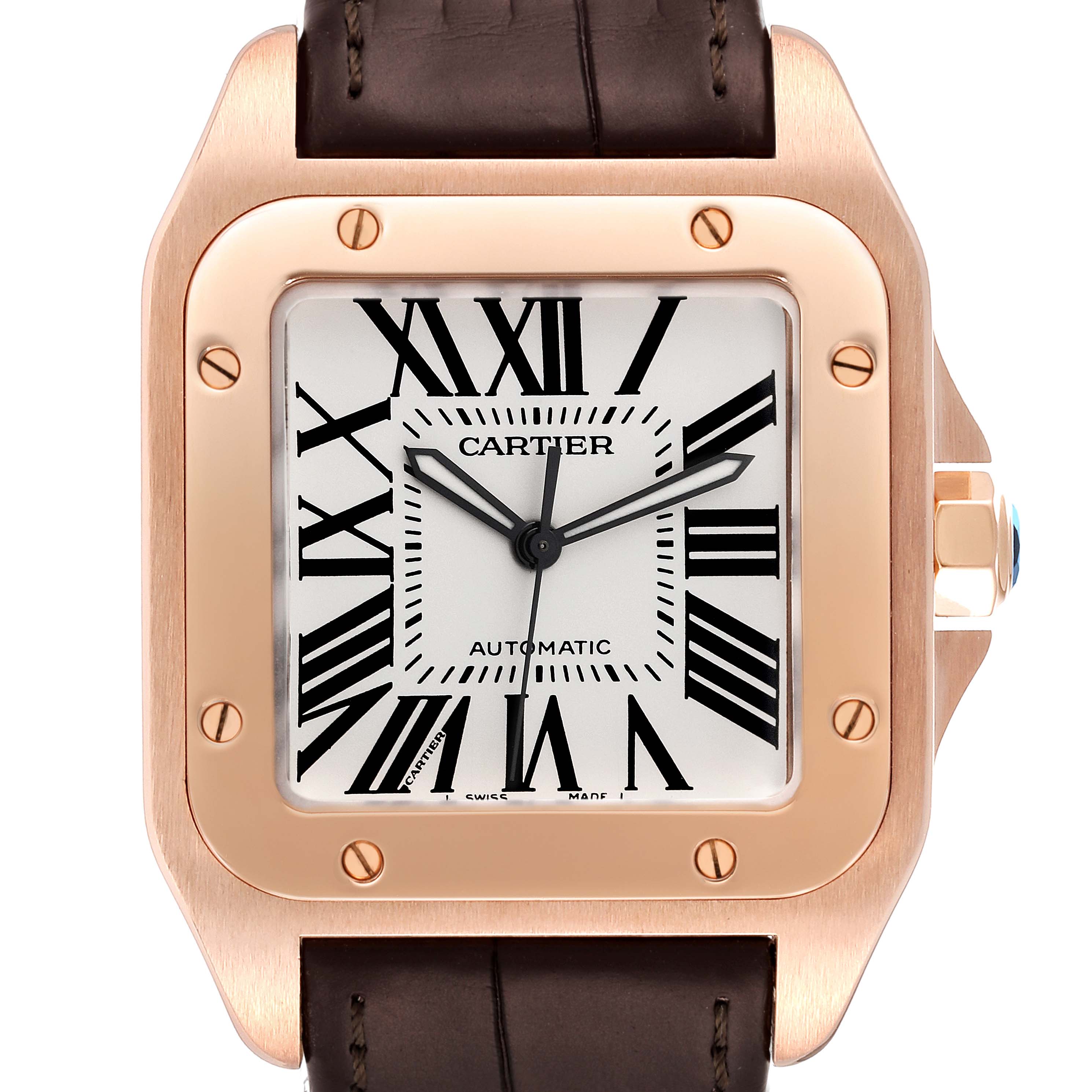 The image shows a front view of a Cartier Santos W20095Y1 Men's Rose Gold Silver Dial W20095Y1 Men's Rose Gold Silver Dial watch with a gold frame, white dial, and brown leather strap.